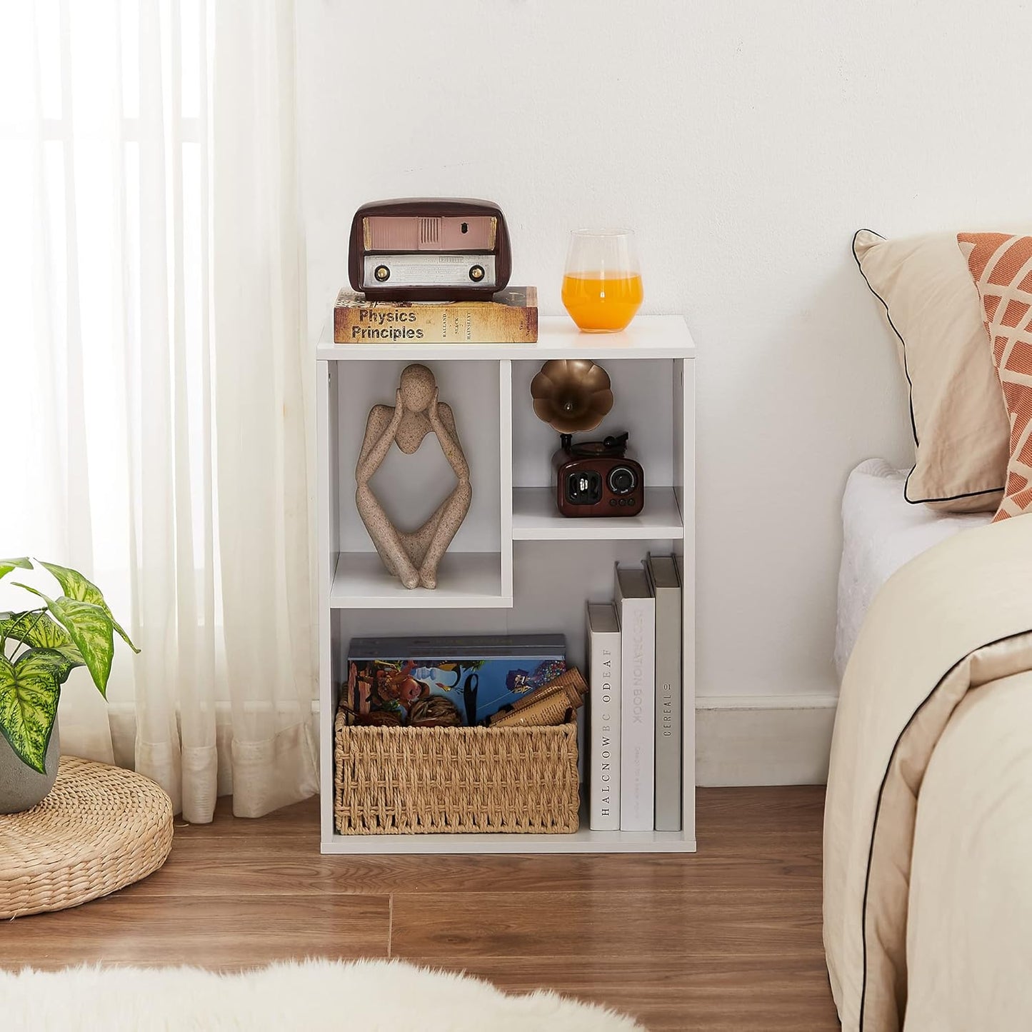 VECELO Small White Bookshelf, 3 Cube Shelf, Fits Tallest Hardcovers, Horizontal Available, Short Bookcase for Small Spaces, Pearl White