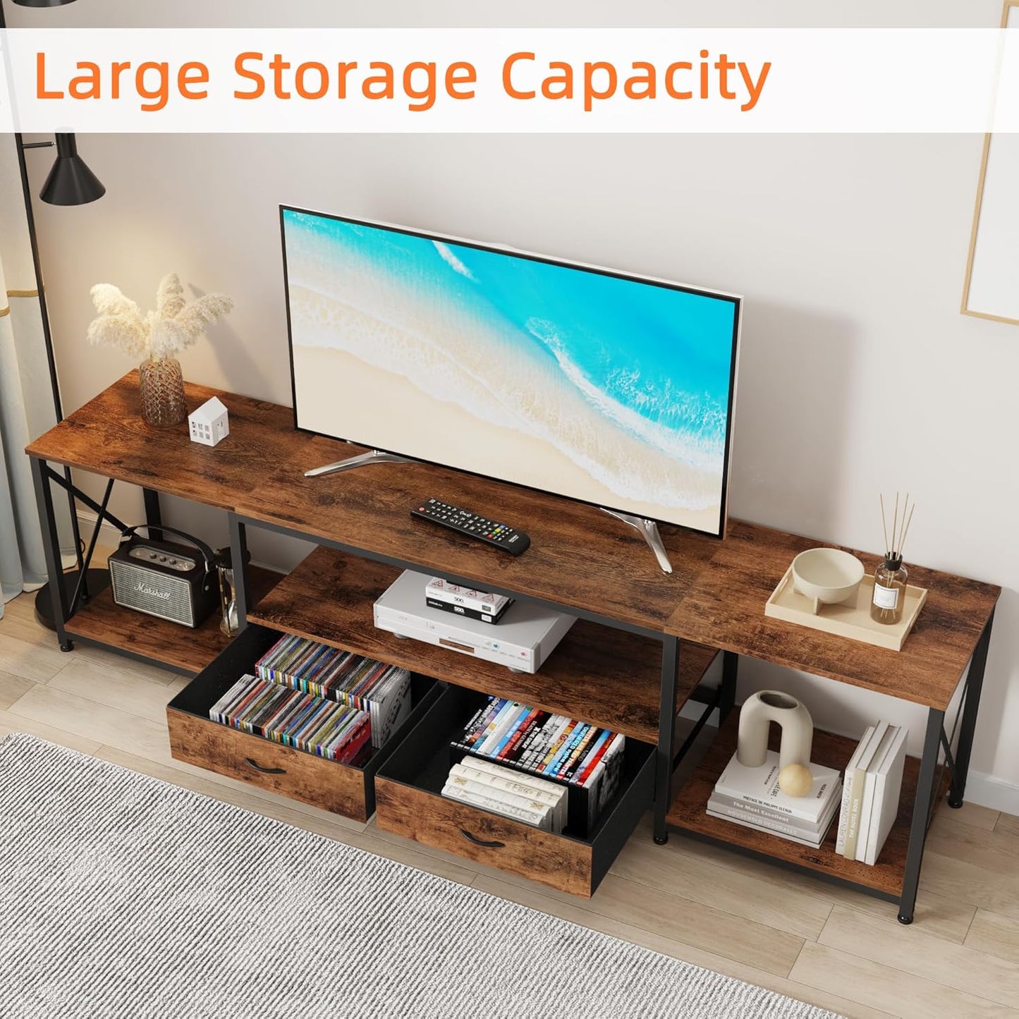 TV Stand with Fabric Drawers - Entertainment Center and Industrial Console Table with Open Storage Shelves for Living Room, Bedroom - 71.5" Rustic Brown