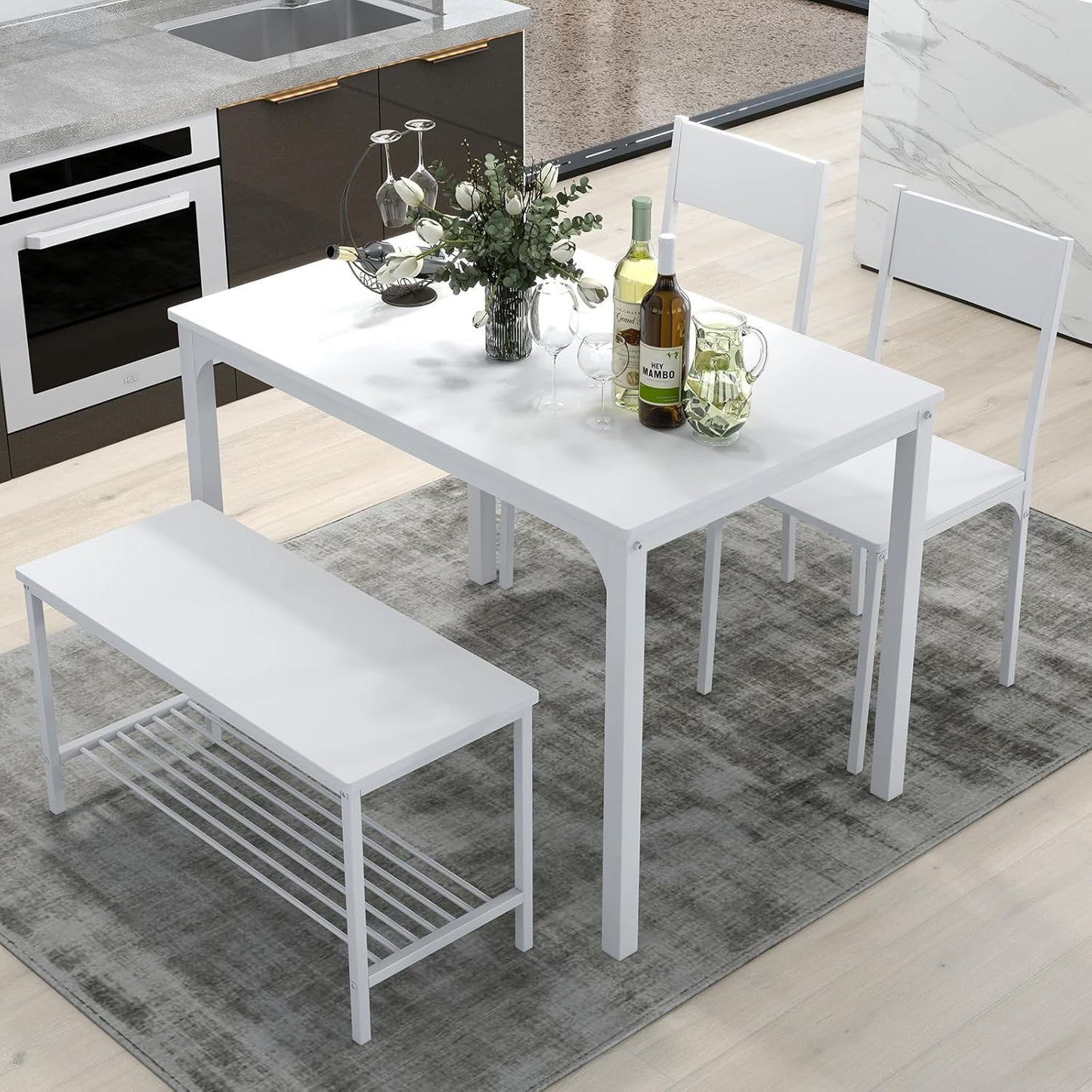 SogesHome 4-Piece Dining Table Set for 4, 43.5'' Space-Saving Kitchen Set with Bench and Chairs, Ideal for Restaurants and Coffee Shops, White