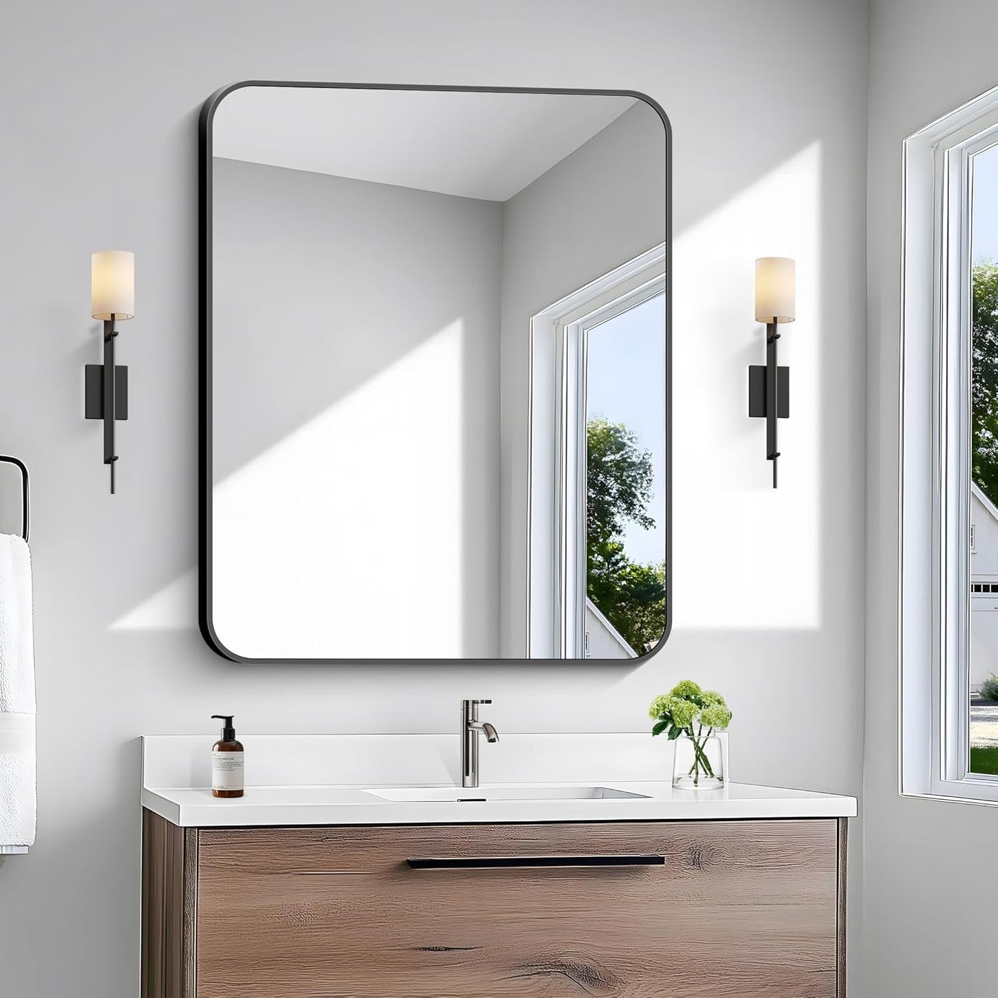 BONEWEI 30x36 inch Bathroom Mirror,Black Rectangle Mirror,Wall Mounted Bathroom Frame Vanity Mirror with Round Corner for Bedroom Living Room, Entryway Hangs Horizontal or Vertical
