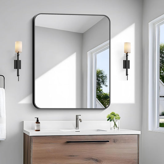 BONEWEI 30x36 inch Bathroom Mirror,Black Rectangle Mirror,Wall Mounted Bathroom Frame Vanity Mirror with Round Corner for Bedroom Living Room, Entryway Hangs Horizontal or Vertical