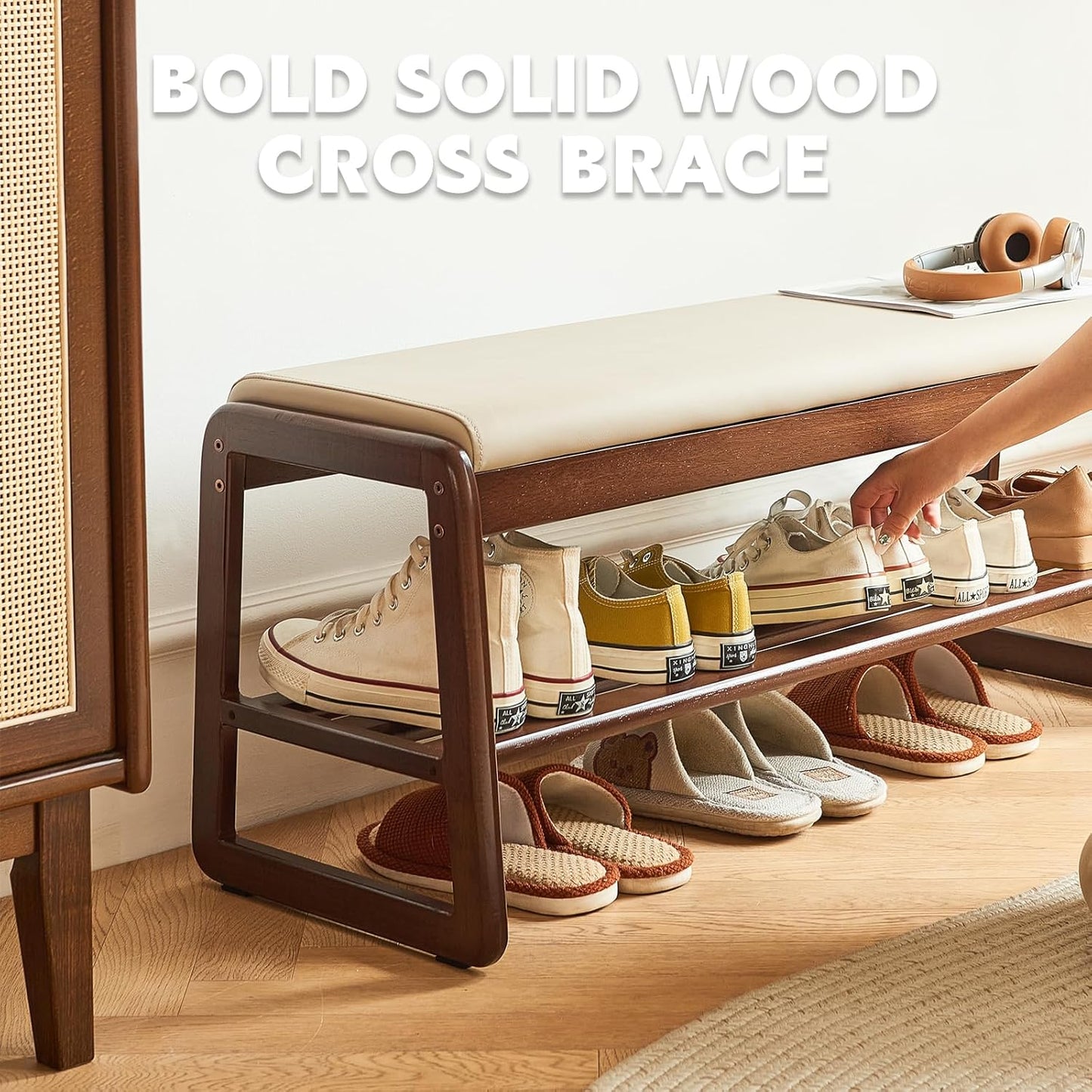 Solid Wood Shoe Bench, 2-Tier Wooden Storage Entryway Bench, Small Entryway Bench, Mid-Century Modern Bedside Bench with Faux Leather Cushion for Dining Room Living Room, Cream Grey 21.65''