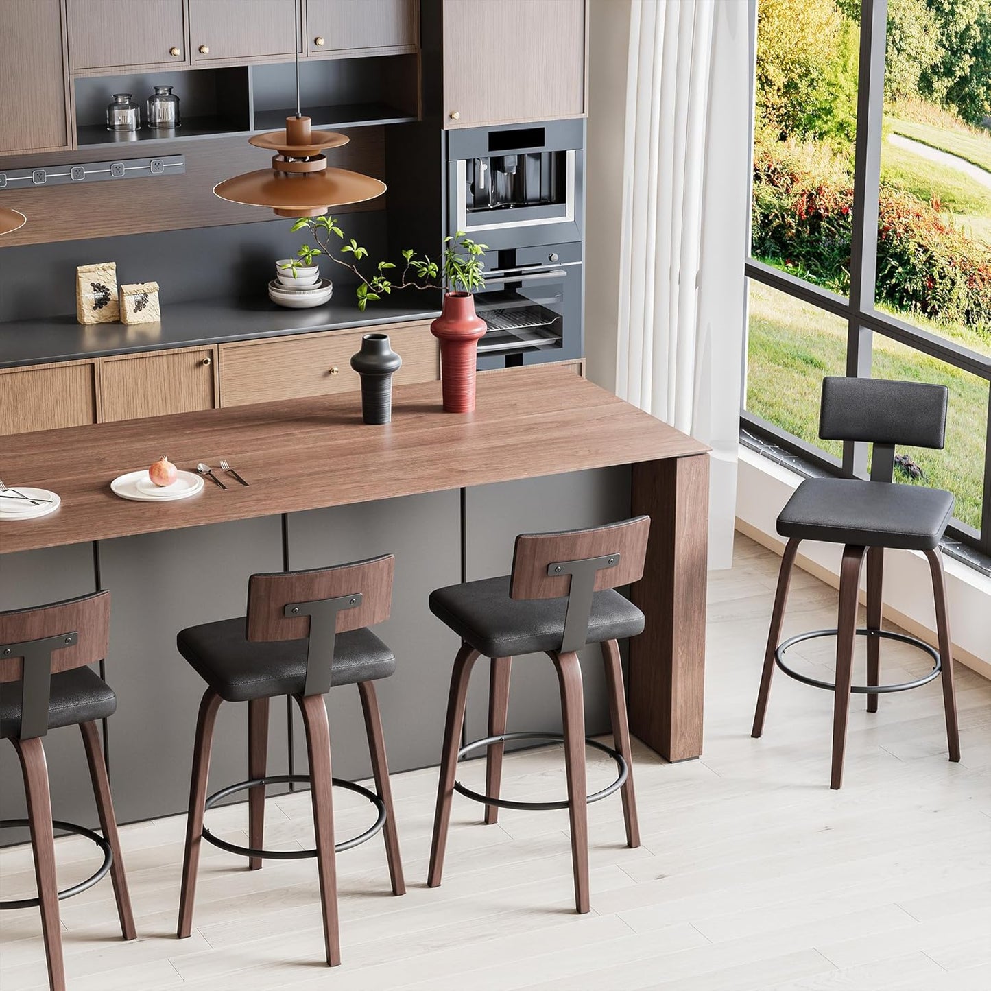 IRONCK Counter Height Bar Stools Set of 2, 29'' Faux Leather Upholstered Barstools with Back, Footrest, Wood Texture Bent Legs, Mid-Century Modern 360° Swivel Bar Stools for Kitchen Island, Black