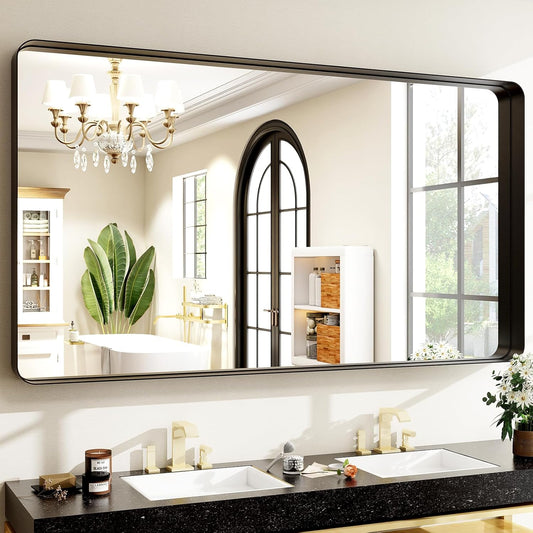 48"x30" Black Bathroom Mirror - Modern Black Mirror for Wall with Rounded Corners, Bathroom Mirrors for Vanity, Aluminum Alloy Framed Mirror Portrait or Landscape Hang