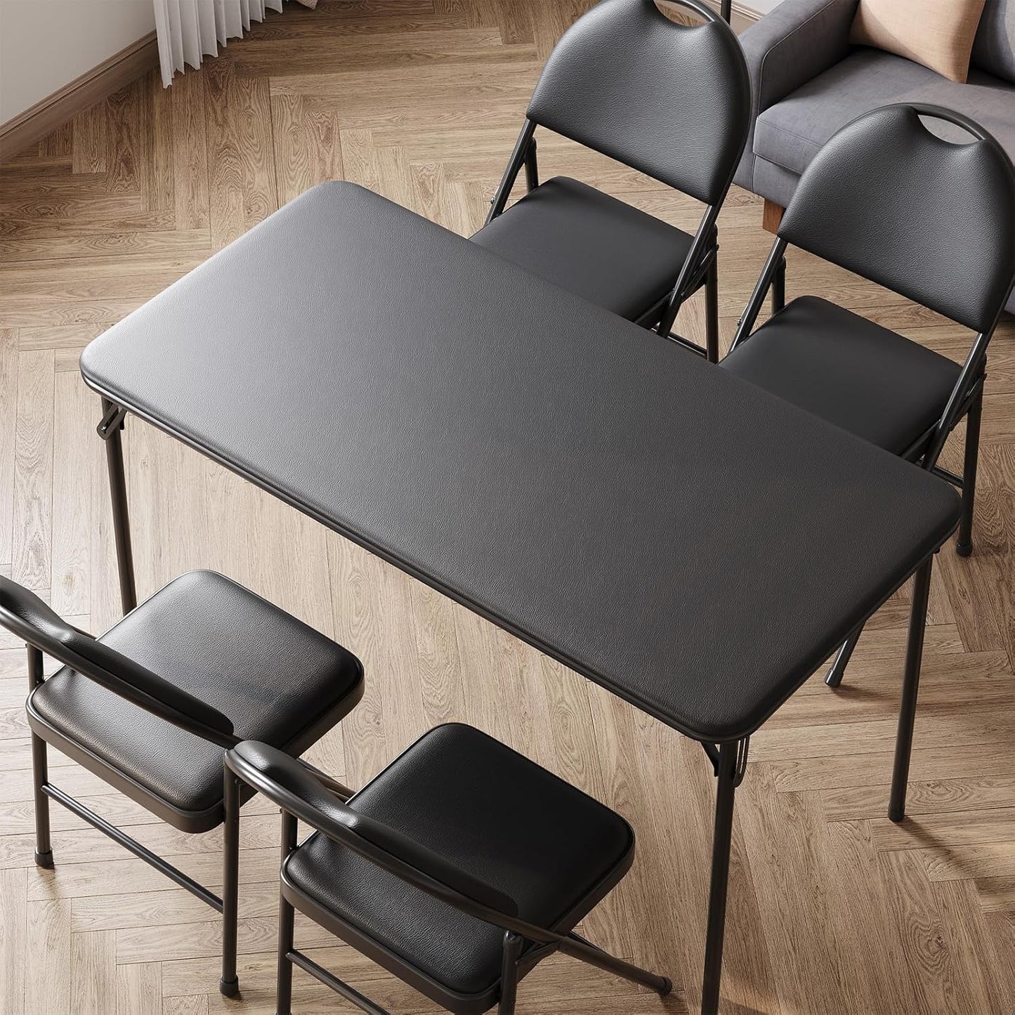 IDEALHOUSE Protable Folding Table and Chairs, 5 Piece Folding Card Table and Chairs Set, Foldable PU Upholstered Table and Chairs Set of 5, for Dining Room, Living Room, Office, Camping, Black