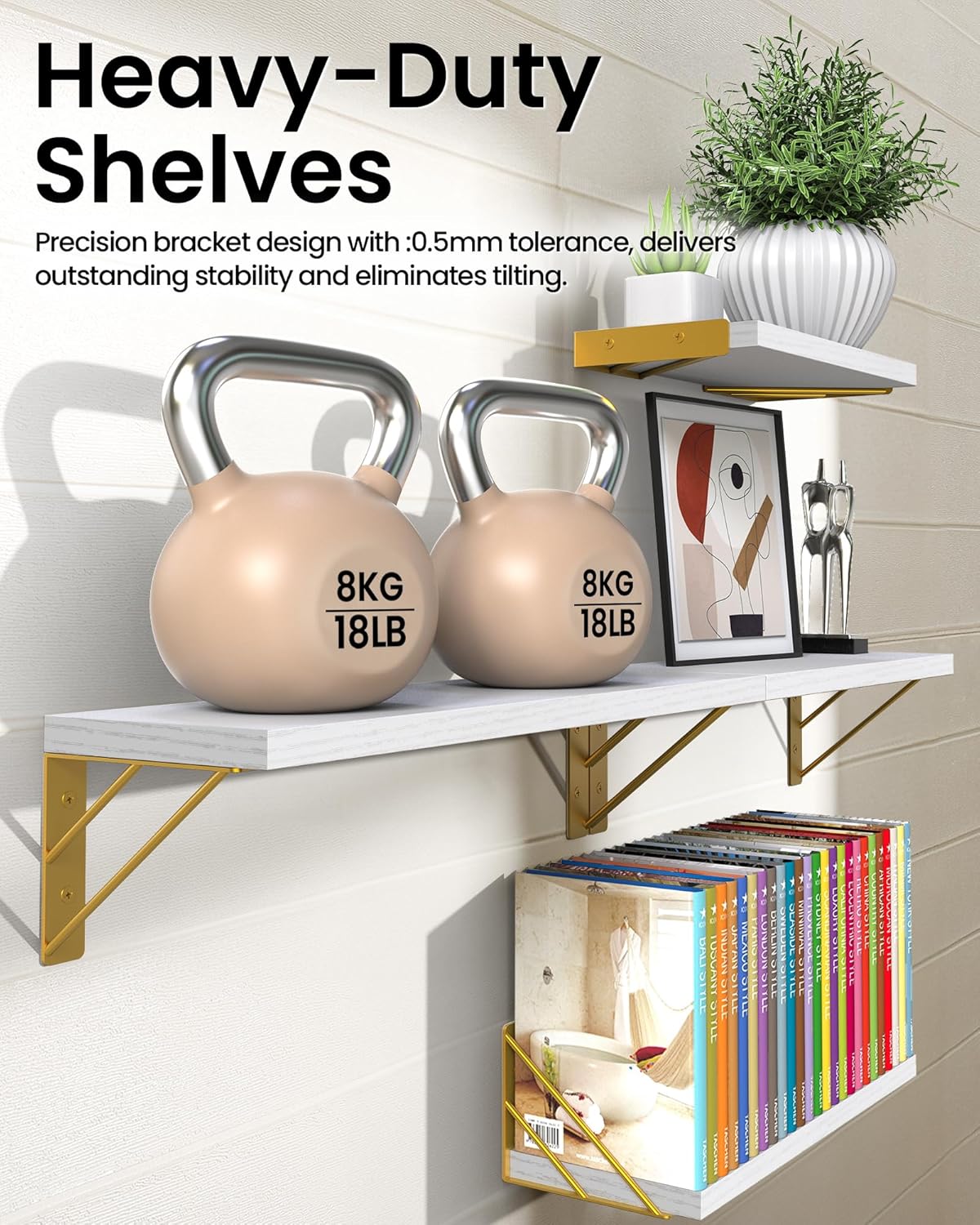 BAYKA Wall Shelves for Bedroom Decor, Floating Wall Shelves for Living Room Kitchen Storage, Wall Mounted Rustic Wood Shelves for Kids Books, Corner Shelf for Bathroom(White and Gold，Set of 4)