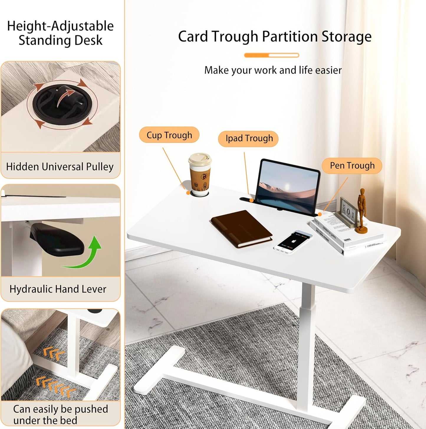 Home Office Desks Height Adjustable with 360° Moveable Hidden Wheels,Multifunctional Pneumatic Laptop Desk Suitable for Sofa、Bedside、Study and Work Use,White