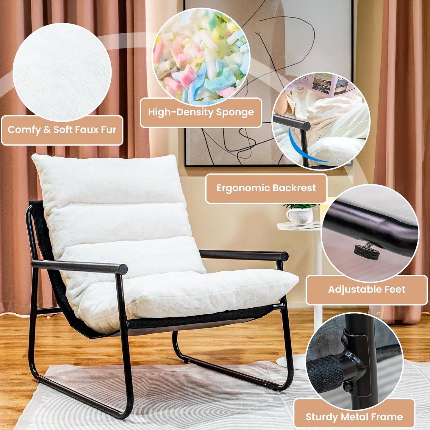 Plush Modern Accent Chair Single Comfy Chair for Bedroom — Ergonomic Lounge Chair with Stylish Upholstery, Space-Saving Design & Easy Assembly White