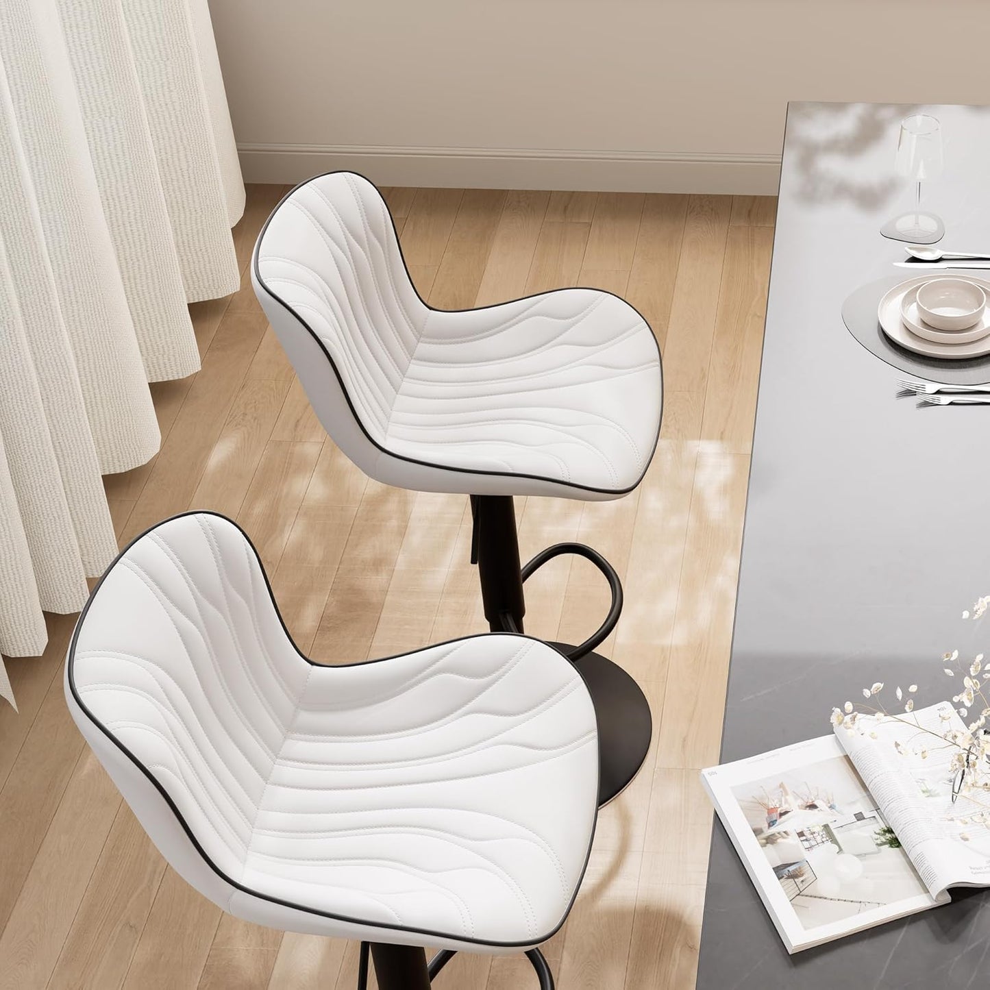 YOUNIKE White Bar Stools Set of 2 Modern Kitchen Counter Height Bar Chair with Back Swivel Adjustable Faux Leather Upholstered Barstools for Breakfast Island Tall 300LBS