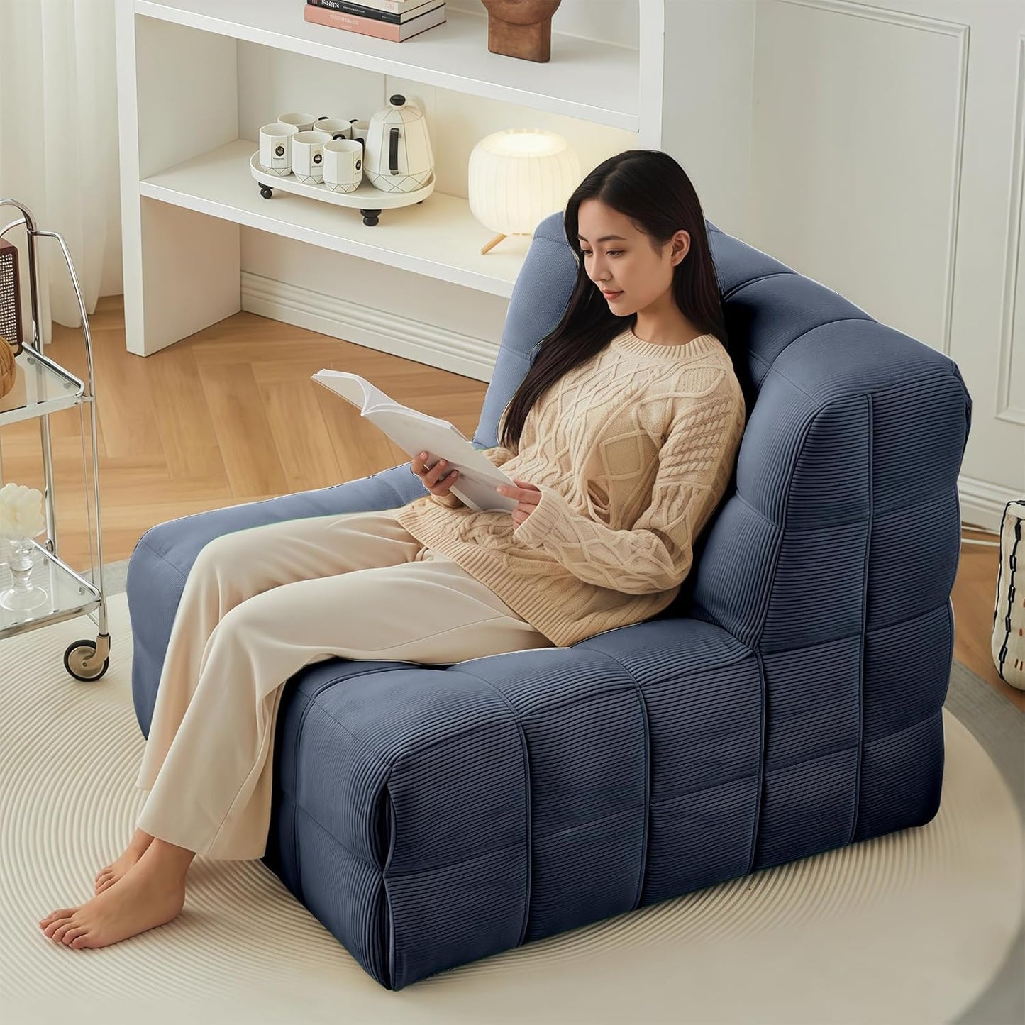 Bean Bag Chair - Memory Foam Bean Bag Chair for Adults, Comfy High-Resilience Single Sofa, Small Space Floor Chair, Chaise Lounge for Living Room, Bedroom (Dark Blue, Square)