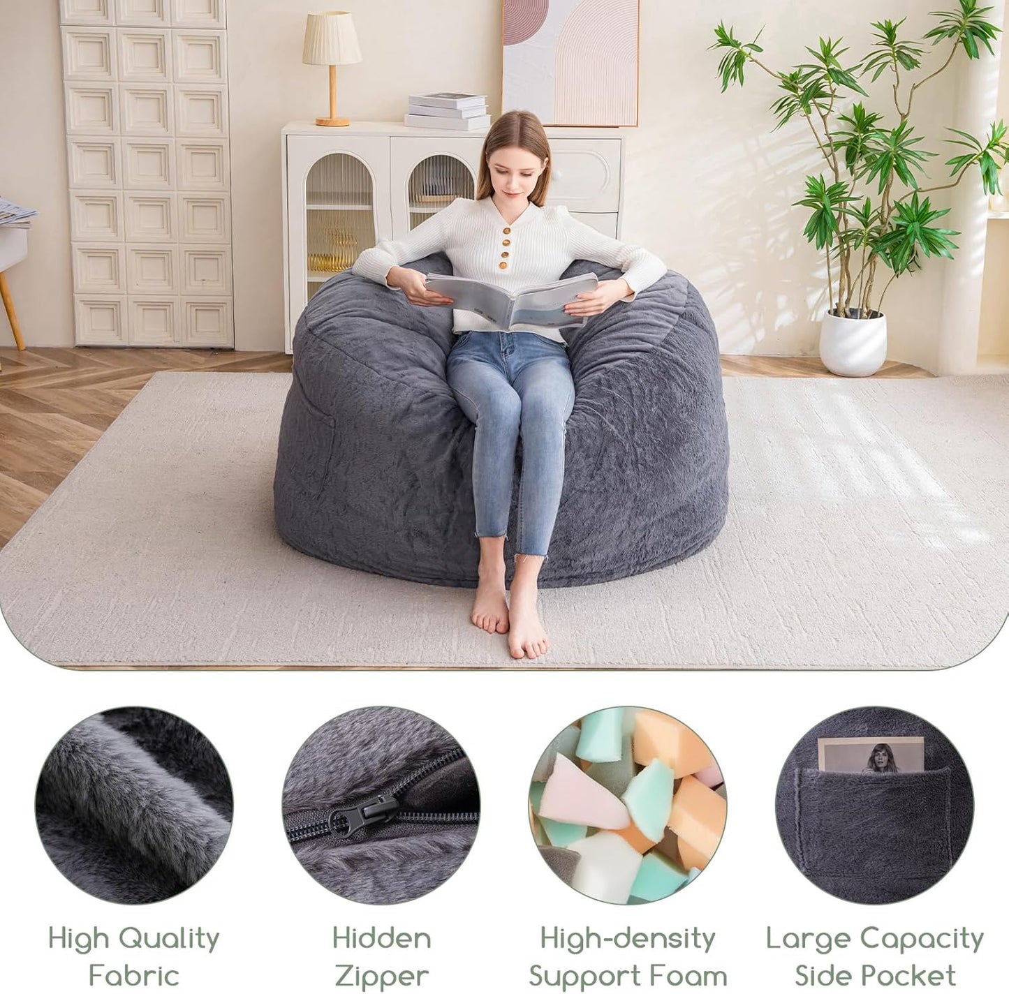 HIGOGOGO Giant Bean Bag Chair Bed for Adults,Convertible Beanbag Folds from Lazy Chair to Floor Mattress Bed,Large Floor Sofa Couch with High-Density Foam Filling, Machine Washable
