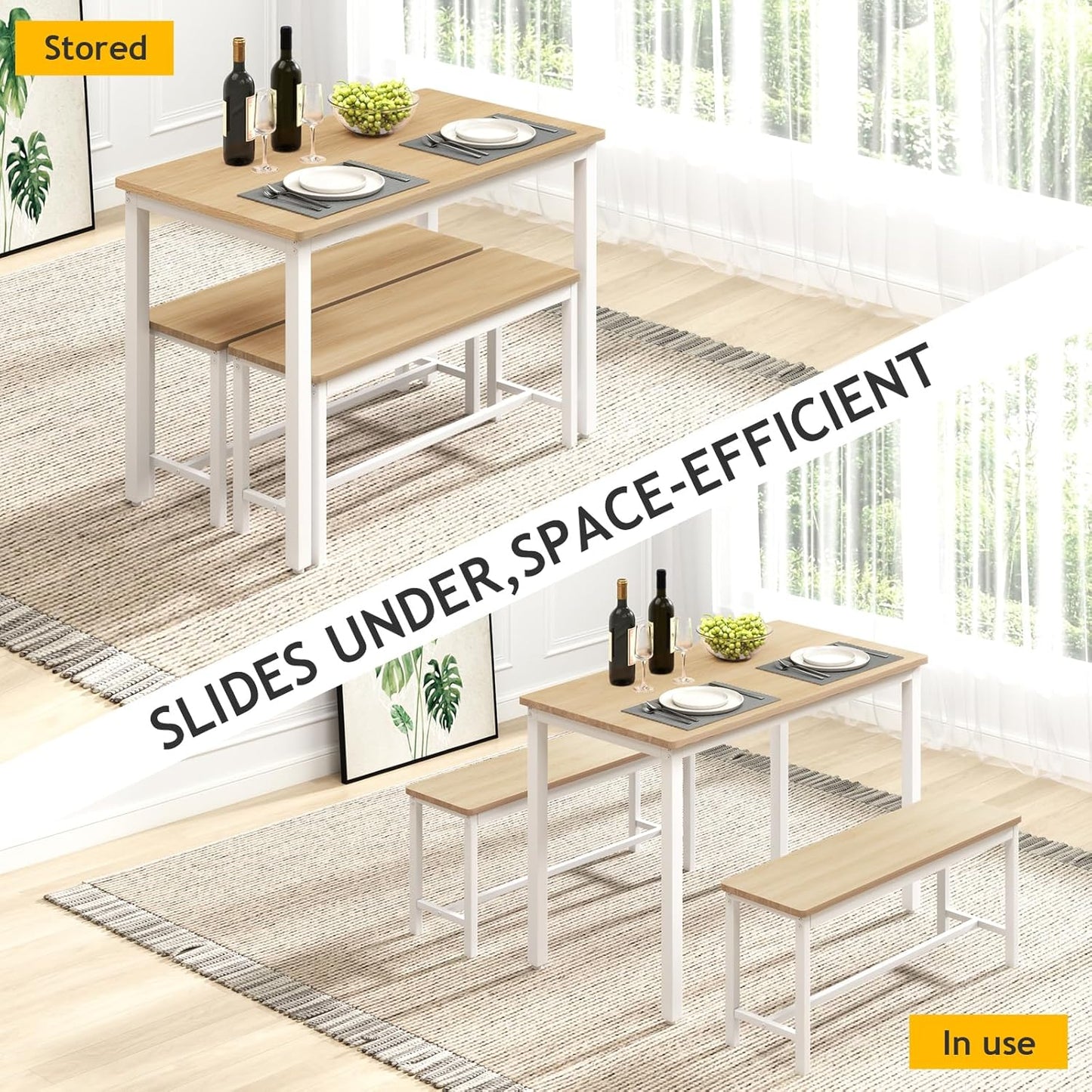 Rovibek 43" Dining Table Benches Set for 4, Modern Space Saving Kitchen Table Chairs & Adjustable Feet Breakfast Table 2 Benches, Wooden Industrial Style Farmhouse, White
