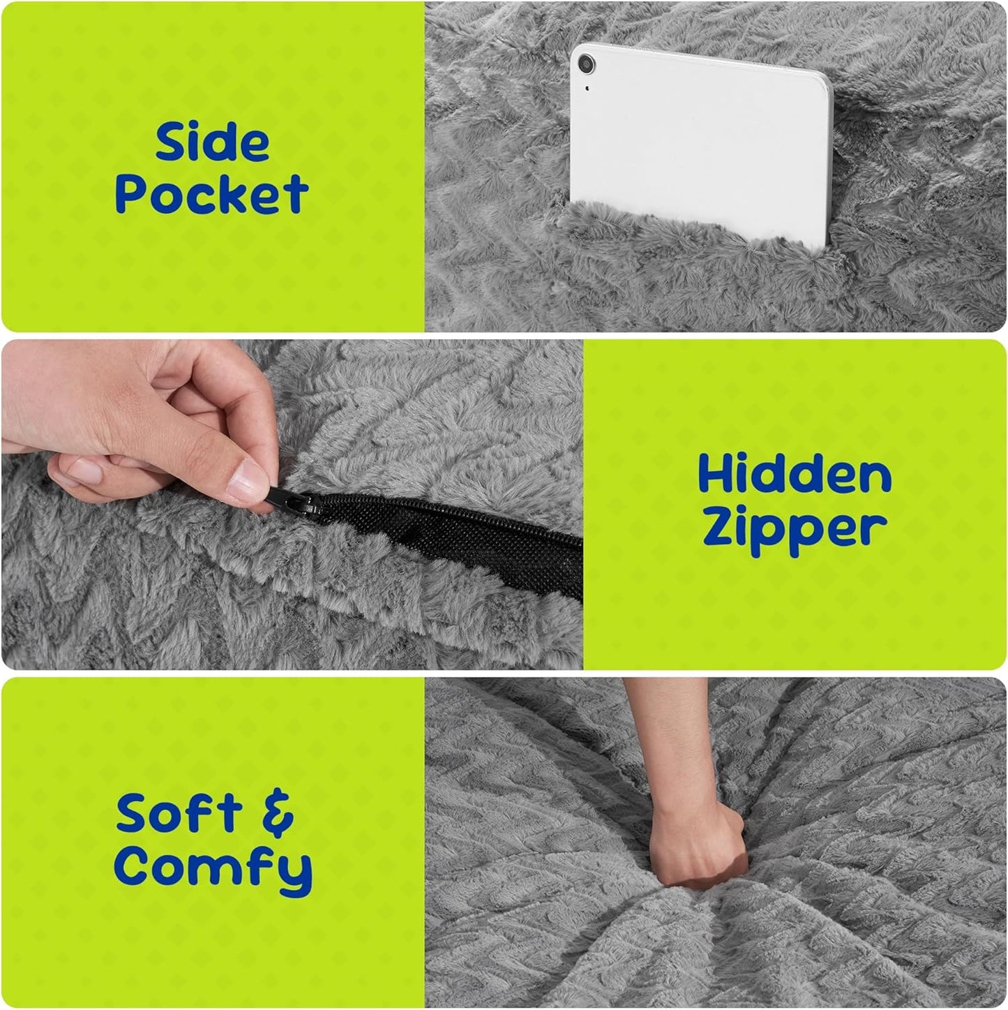 Hobestluk Bean Bag Chairs 2.5FT Bean Bag Chair with Memory Foam Filled & Chevron Plush Fur Cover Small Bean Bag Chairs for Playroom, Living Room, Bedroom (Grey)