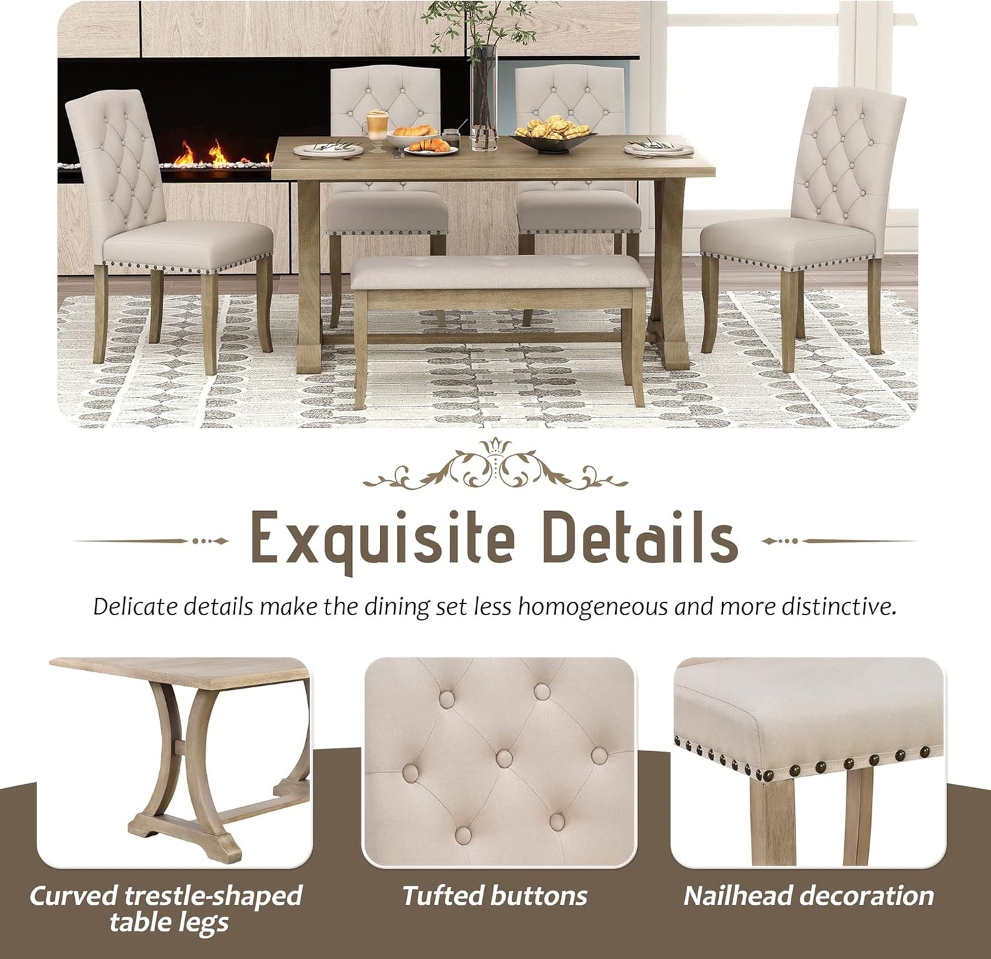 Ball & Cast Dining Table Set for 6, 60" Rectangular Dining Room Table with 4 Upholstered Chairs and 1 Bench, 6-Piece Farmhouse Dining Furniture Set with Solid Wood Legs for Kitchen,Natural Wood Wash