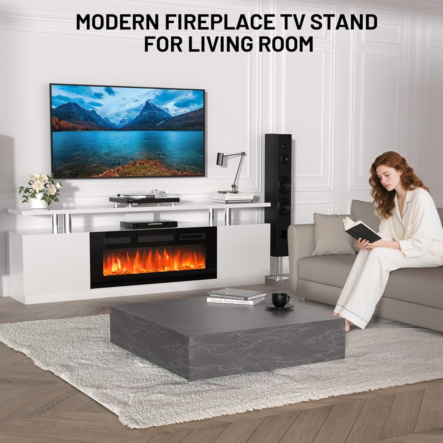 70'' Fireplace TV Stand, Entertainment Center with 36'' Firplace, 2 Tier TV Console Cabinet with Storage Cabinet, Electric Fireplace Heater with LED Light and 12 Flame Colors, White