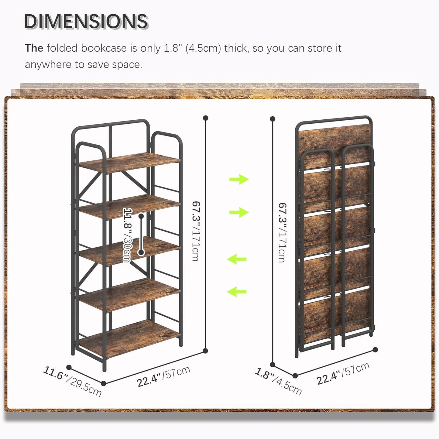 4NM No Assembly Folding Bookshelf 5 Tiers Vintage Industrial Black Book Shelf Metal Foldable Storage Bookcase and Bookshelves for Living Room,Bedroom and Kitchen - Rustic Brown