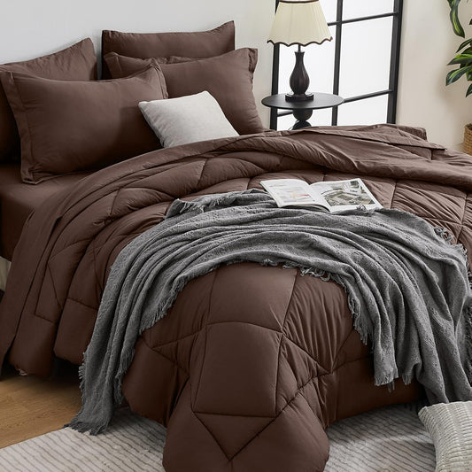HEVUMYI Brown Cali-King Comforter Set - 7-Piece All Season Bed in a Bag Cali-King, Ultra Soft Bedding Set with Comforter, Flat Sheet, Fitted Sheet, Pillowcases, Pillow Shams
