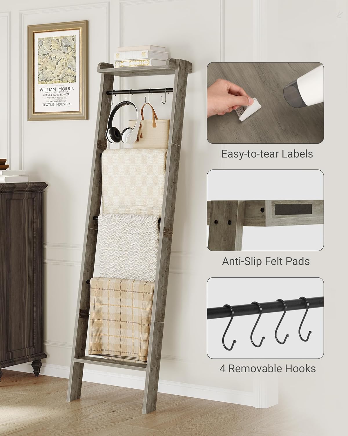 Blanket Ladder Shelf for Living Room, Decorative Quilt Rack with Storage Shelf, 6-Tier Farmhouse Ladder Holder Organizer with 4 Removable Hooks for Bedroom, Greige and Black BR35805B