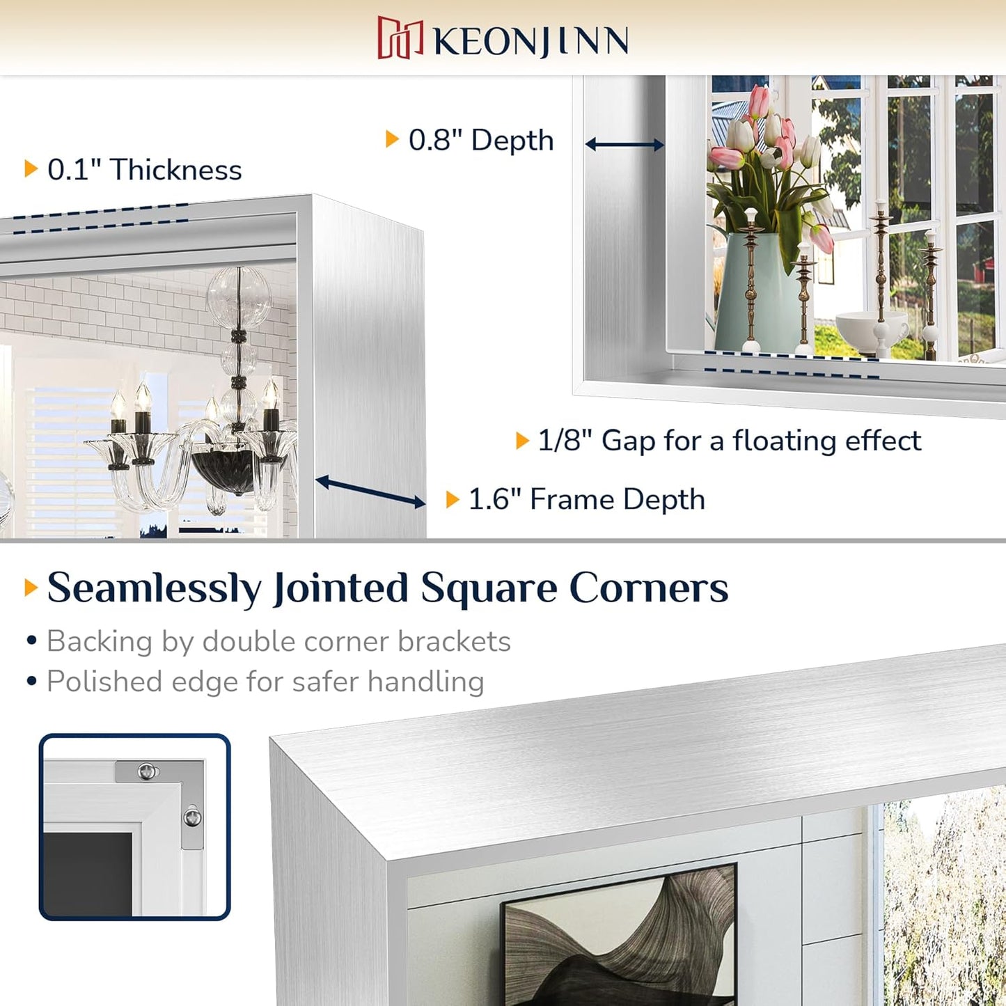 Keonjinn 48 x 36 Inch Silver Bathroom Mirror for Over Sink Large Rectangle Wall Mirror Brushed Metal Framed Square Corner Vanity Mirror Wall Mounted Rectangular Farmhouse Mirror(Horizontal/Vertical)