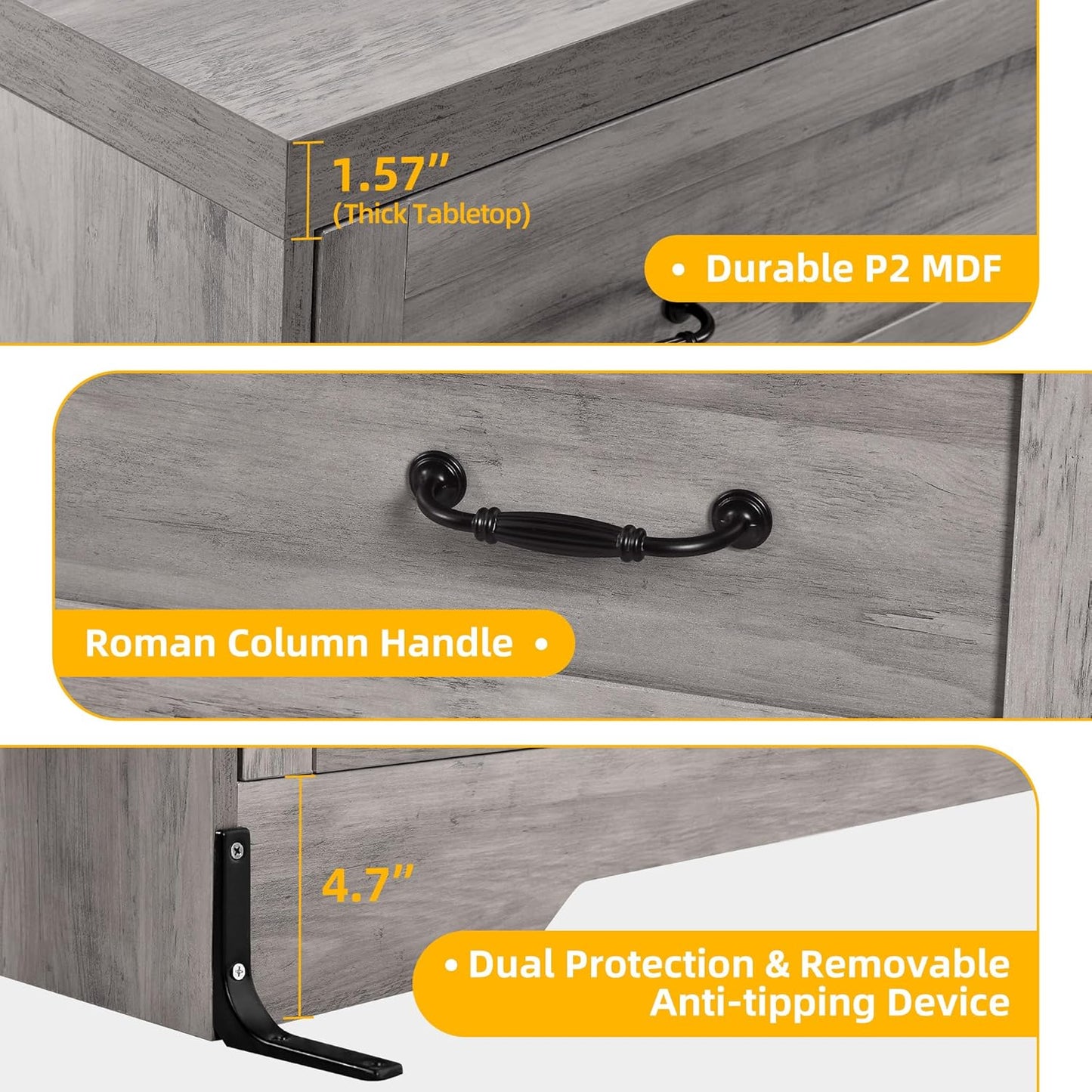 YITAHOME 6 Drawers TV Stand for 65 inches with Power Outlets -Chest of Drawers Dresser with Side Organizer Bag Entertainment Center TV Console, Grey