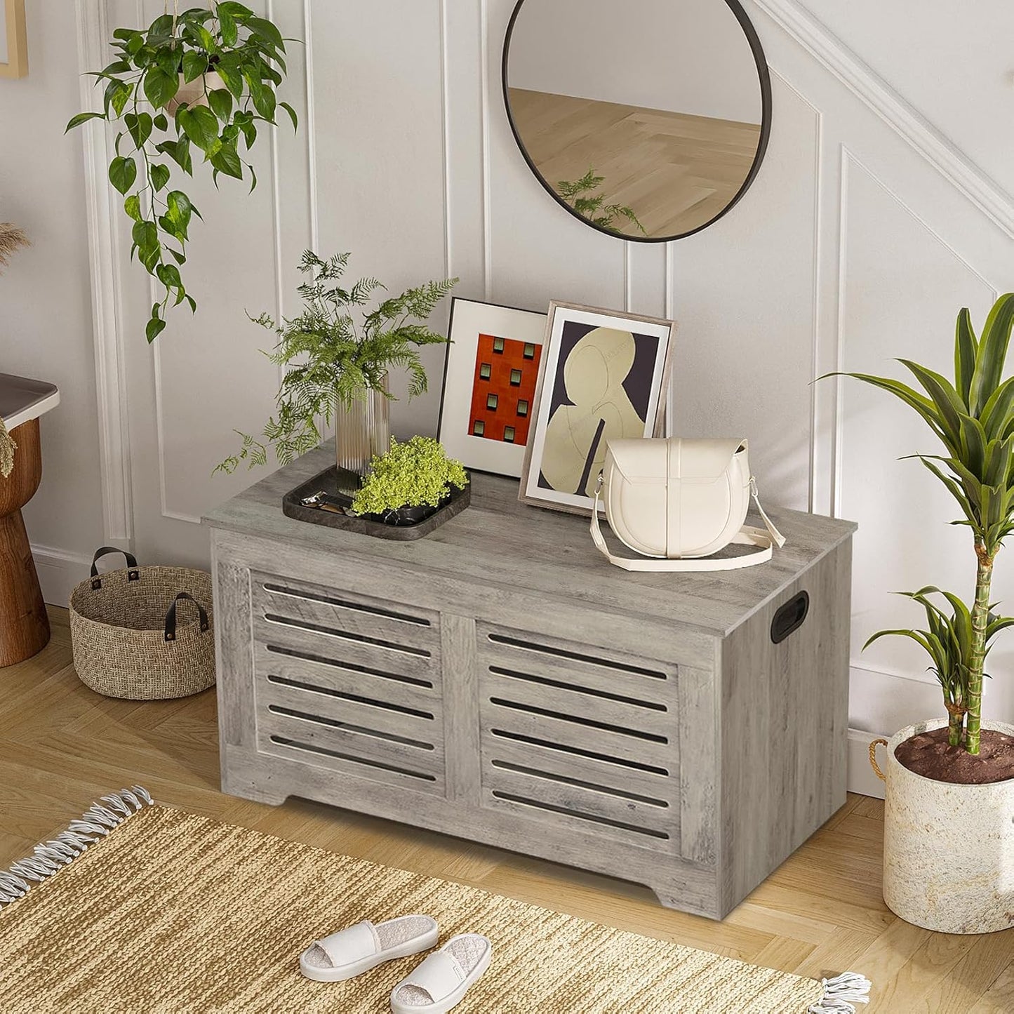 DINZI LVJ Storage Chest, Flip-Top Wooden Toy Box with 2 Safety Hinges, Retro Entryway Shoe Bench, Sturdy Large Storage Trunk for Living Room, Bedroom, Toddler Room, Easy Assembly, Grey Wash