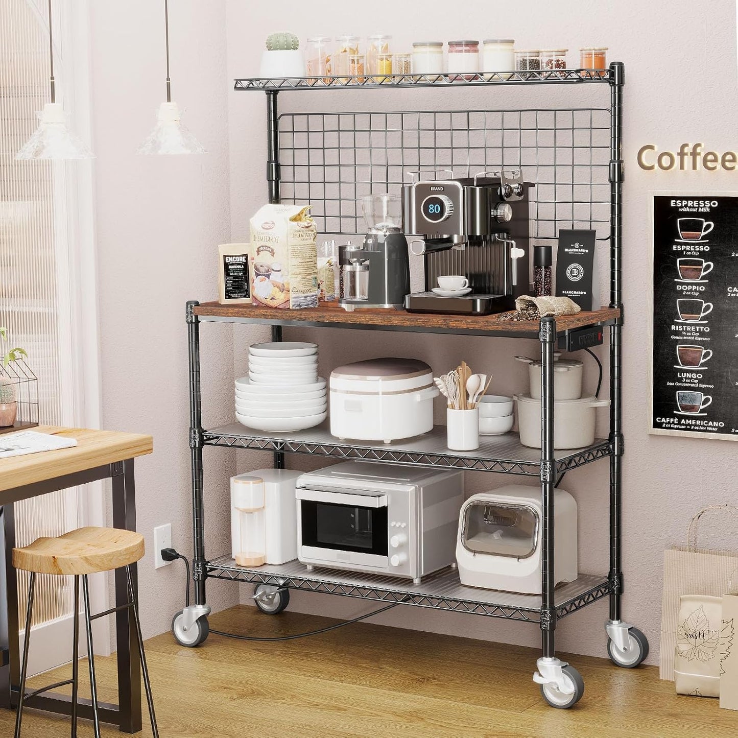 Leteuke Bakers Rack with Power Outlet & Storage, 36 Inch Microwave Stand Kitchen Cart, 4-Tier Metal Kitchen Shelves Cart with Wheels & 20 S-Hooks for Kitchen, NSF Certified, 63 x 18 x 36 Inch-Black