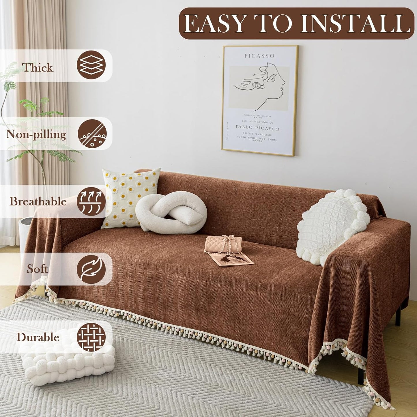HANDONTIME Boho Style Sofa Cover with Tassels, Washable & Non-Slip Couch Cover for 3 Cushion Sofa, Herringbone Pattern Pet-Friendly Sofa Slipcover, Chocolate Color, 91"x134", Living Room Decor