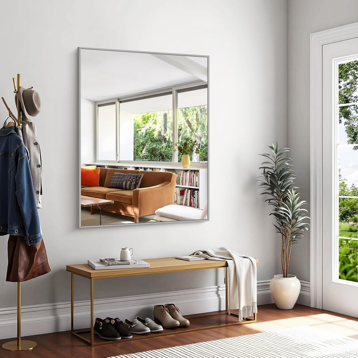 KOCUUY Silver Bathroom Mirror, 48"x36" Large Rectangular Mirror with Metal Frame, Brushed Nickel Vanity Mirror with Modern Design for Bathroom, Living Room, Entryway, Hang Horizontal/Vertical