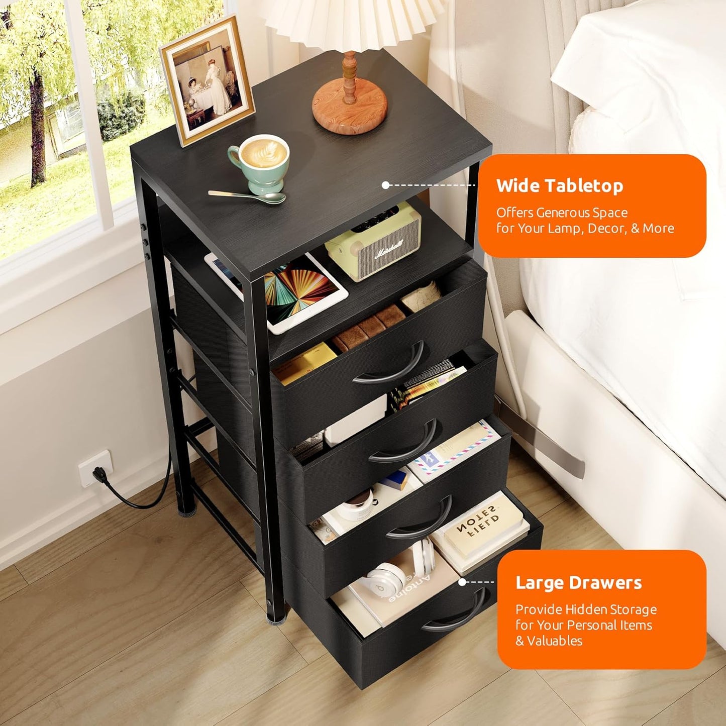 NightStand Bedside Charging Table Bedroom - Black Night Stand with Charger Station, Modern Bed Side End Table with Open Shelf & 4 Fabric Drawers, USB-C USB Ports & AC Outlets for Dorm Living Room