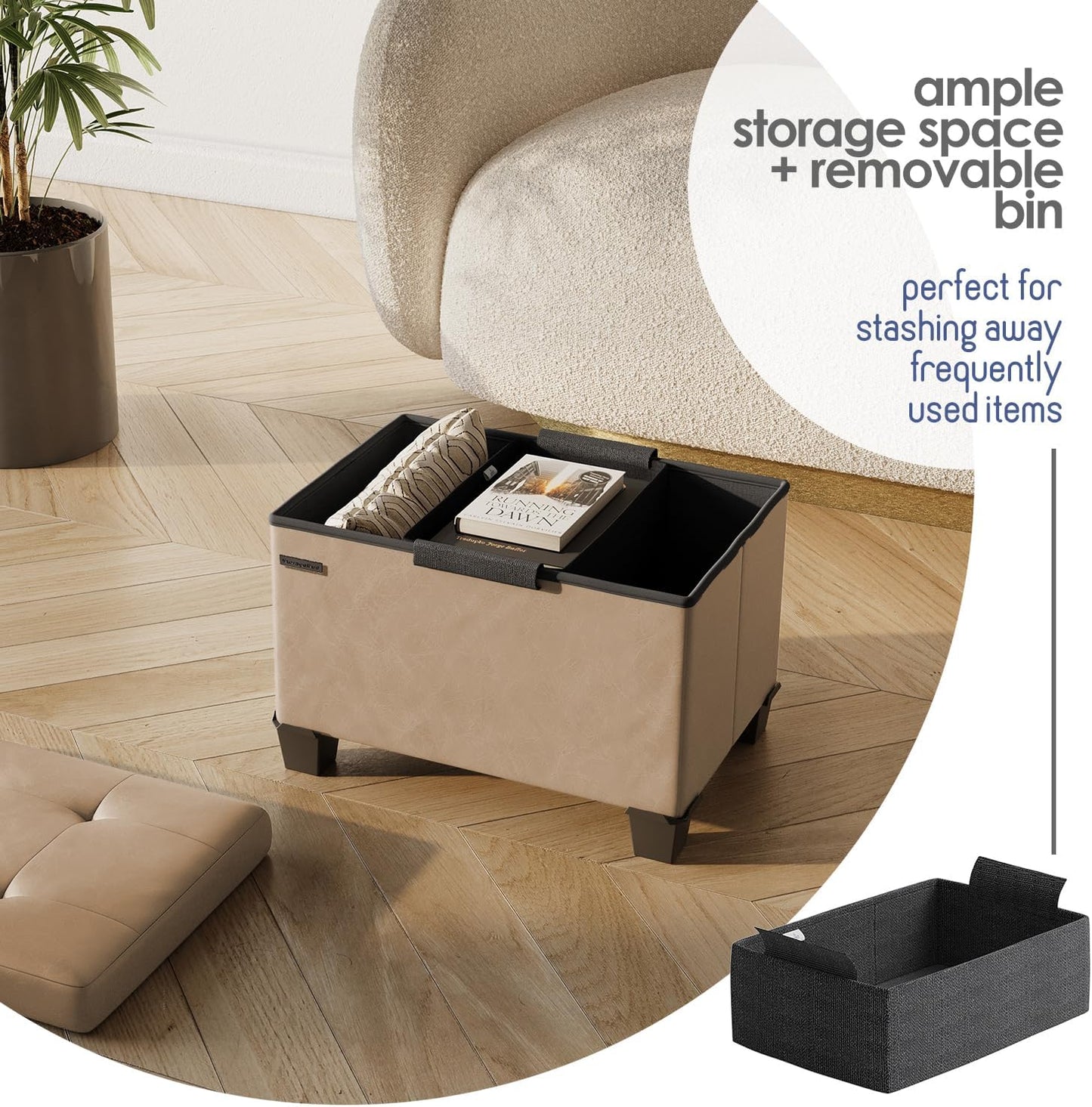 STORAGEBUD Storage Ottoman Cube with Small Bin, 16-in Square Ottoman with Storage for Living Room and Bedroom, Small Ottomans Foot Rest, Faux Leather Foot Stools Ottomans Max 330lbs, Taupe