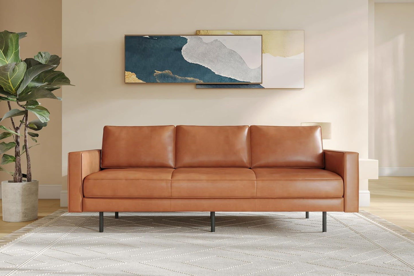 Valencia Varese 90" Full Leather Couch Cognac Tan Brown- Italian Nappa Leather Modern Cloud Couch for Living Room/Apartment Furniture