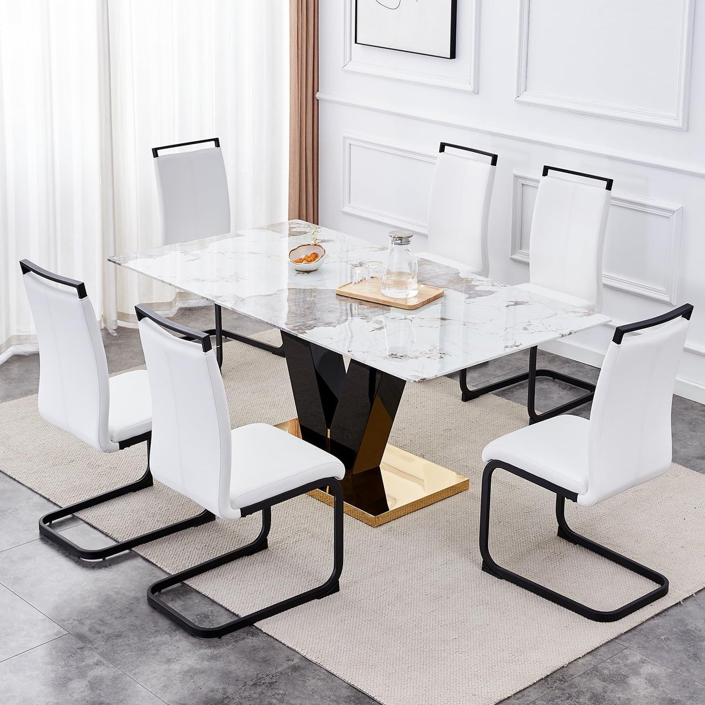 Modern Dining Chairs Set of 6,High Back Kitchen Chairs,Side Room Chair with Black Powder Coating Metal Legs,Easy to Clean Upholstered Dining Chairs,Ideal for Living Room(White Chairs)