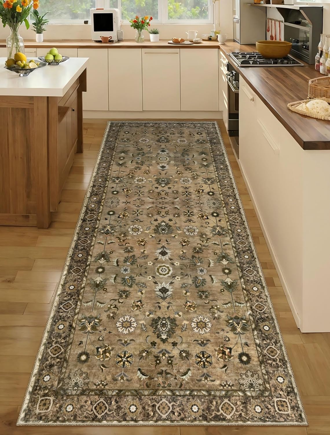2.6x8 Hallway Runner Rug, Floral Washable Non-Slip Vintage Boho Runner Rug for Hallway Entryway Indoor, Brown Print Carpet,Soft Low Pile Long for Kitchen Bedroom