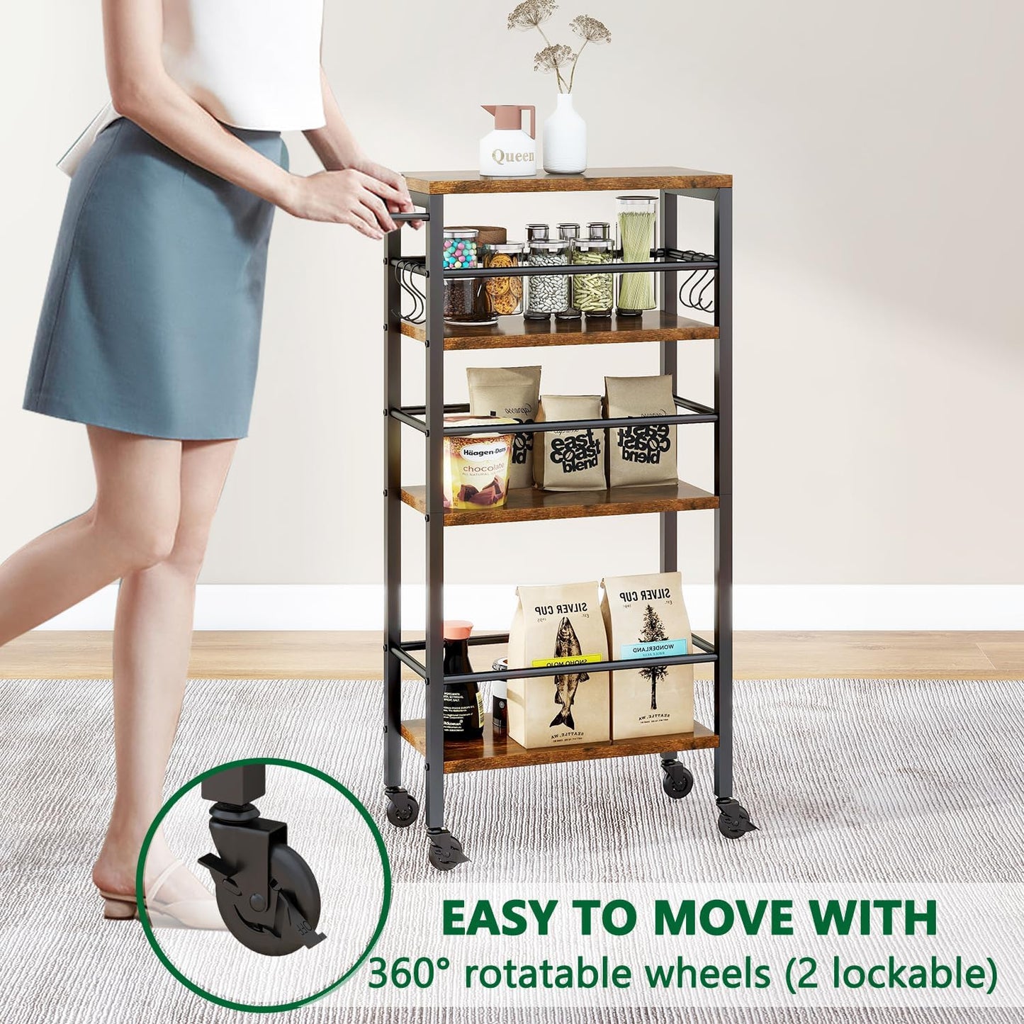 IBUYKE 7.8" Slim Rolling Cart,4-Tier Metal Kitchen Storage Cart,Trolley cart on Wheels for Narrow Space,with Handle and Wooden Tabletop,for Kitchen, Dining Room,Laundry Room,Rustic Brown UTMJ065H