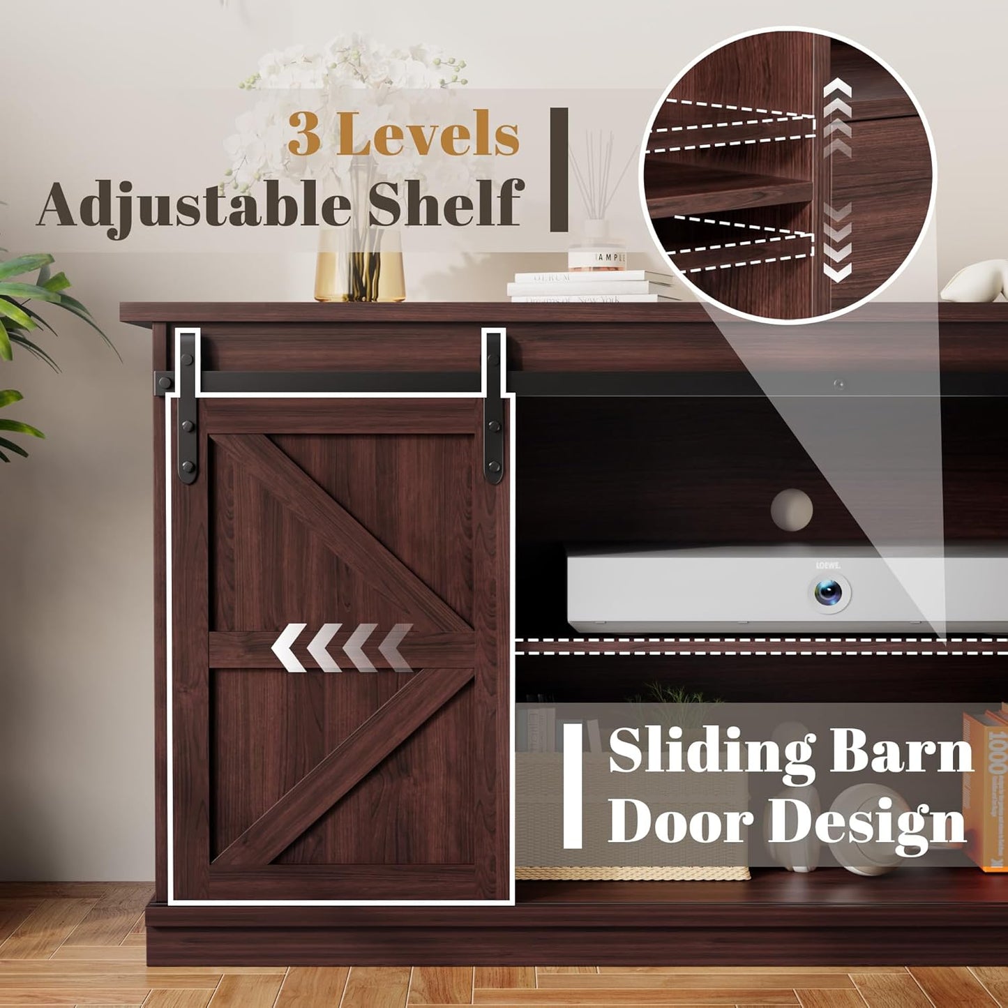 YESHOMY TV Stand for Televisions up to 65 Inchs, with Sliding Barn Doors and 4 Storage Drawers, Console Table and Media Furniture for Living Room, 58 Inch, Espresso