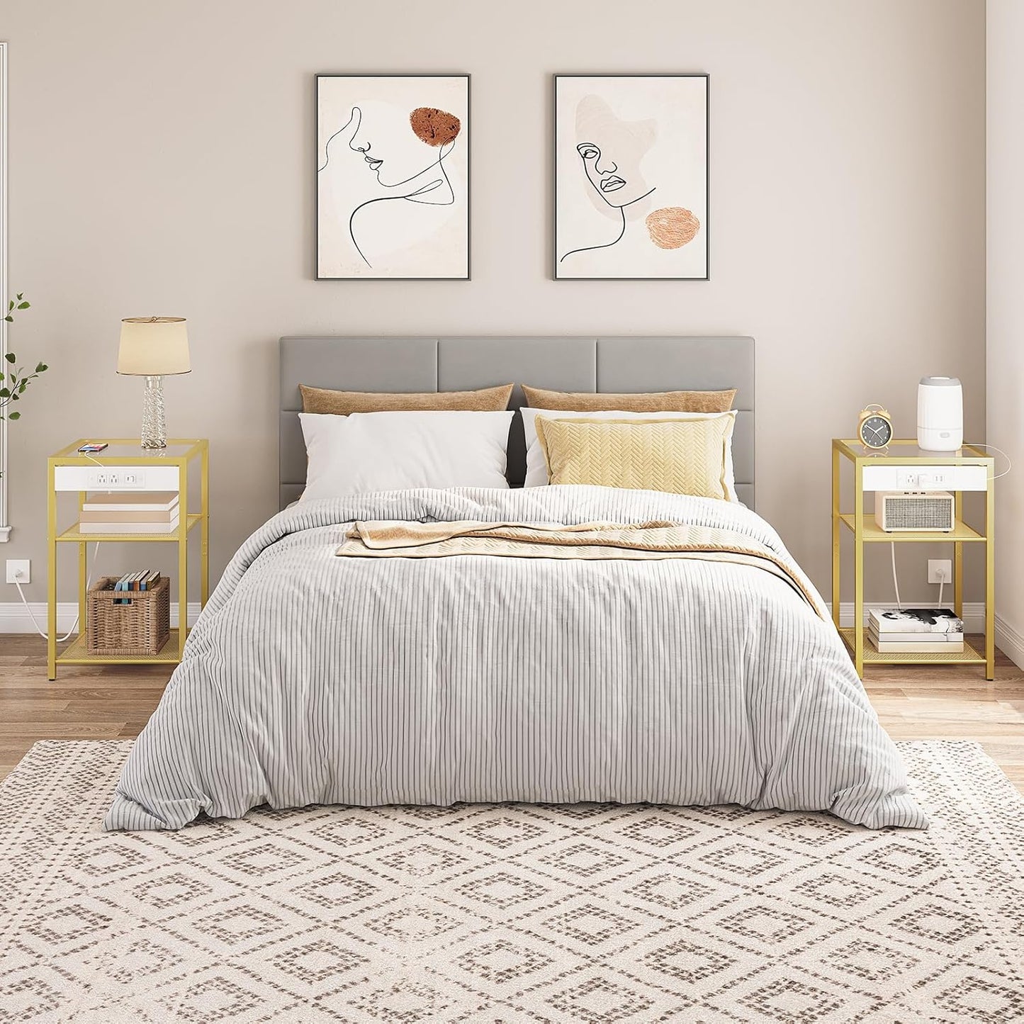 HOOBRO End Tables Set of 2 with Charging Station, Side Tables with USB Ports & Power Outlets, 3-Tier Slim Nightstands with Storage Shelves, Tempered Glass, for Living Room, Bedroom, Gold GD77UBZP201