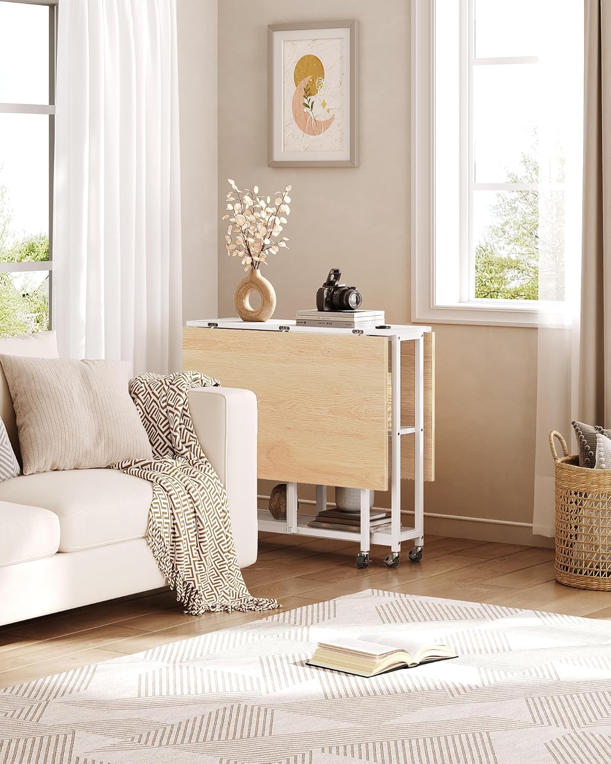 Folding Dining Table, Movable Dining Table, Kitchen Table for Small Space, Foldable and Expandable Desk Furniture with 6 Wheels, for Dining, Living Room, Apartment, White and Natural TCZ01WN