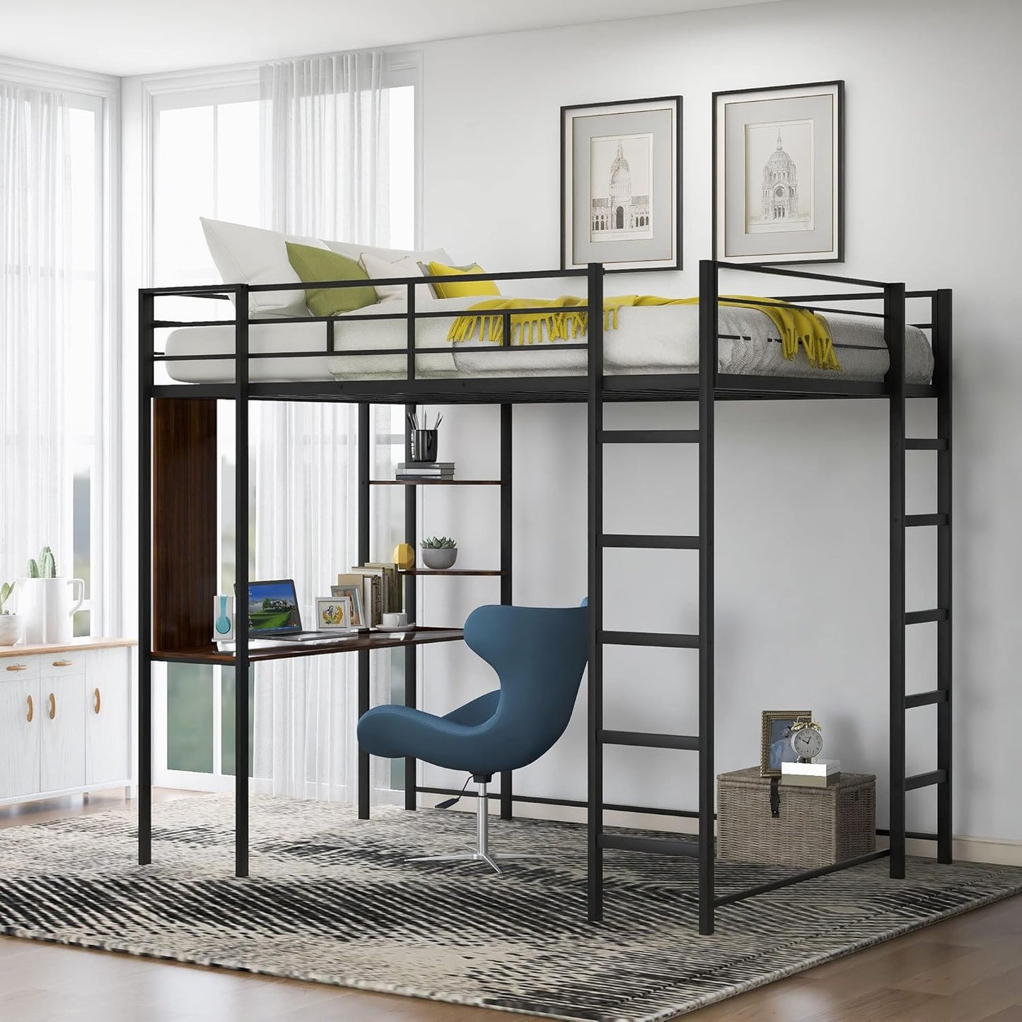 Full Size Metal Loft Bed with 2 Storage Shelves and 1 Desk,Steel Structure Bed Frame W/ 2 Build-in Ladders & Full-Length Guardrails,No Box Spring Needed,for Kids Teens Adults,Black