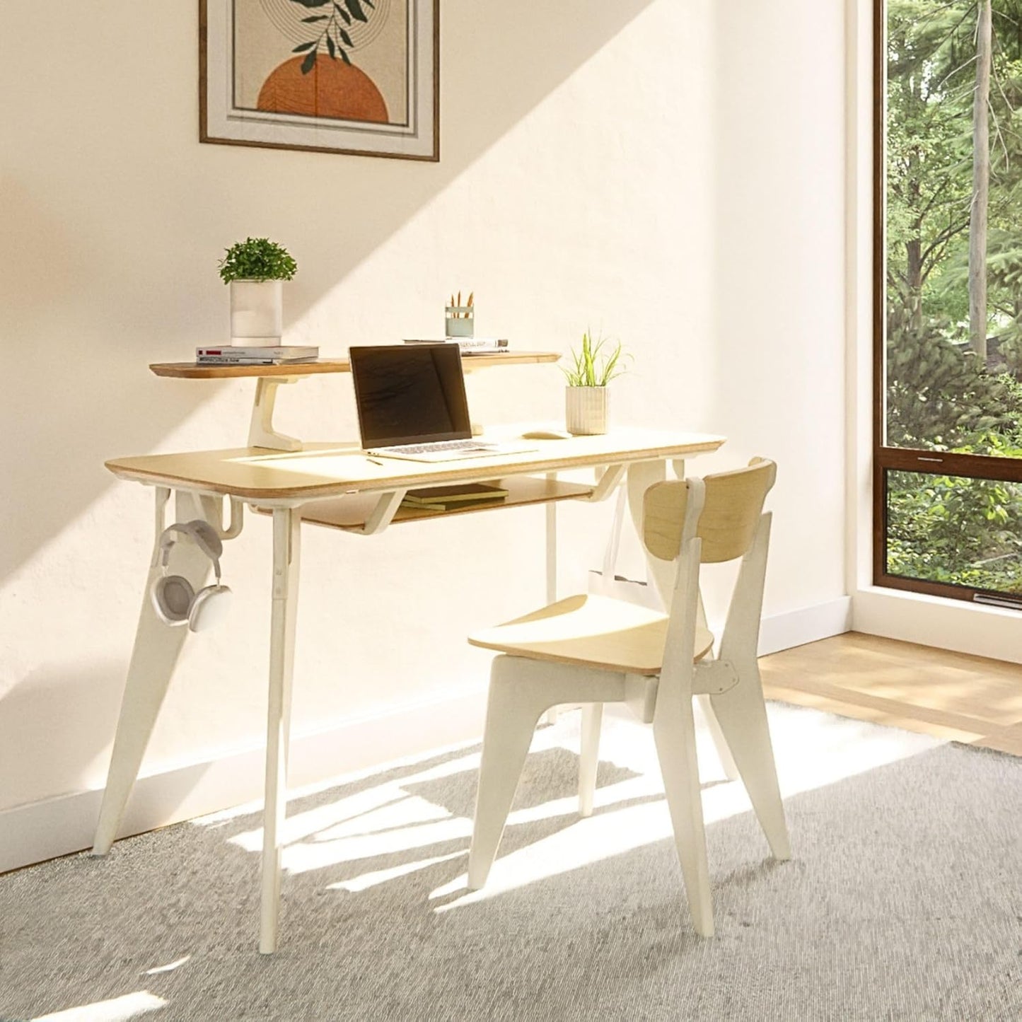 HOEK Collapsible Desk Bundle, 47.5" x 23", Portable Study Desk for Dorm Room, Includes Monitor Shelf, Under Shelf and Wall Storage, Lightweight, Easy No-Tool Assembly (Birch/White)