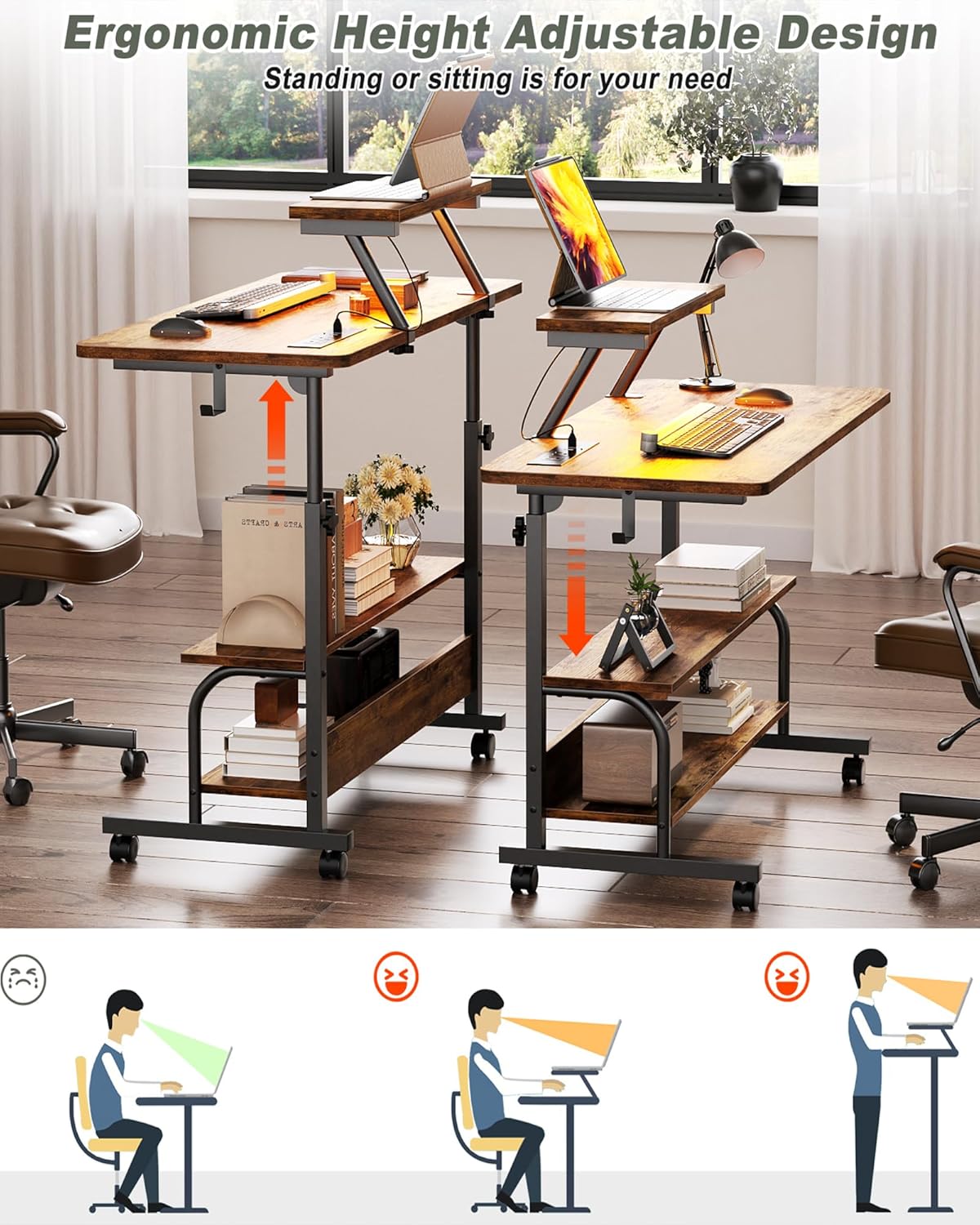 Height Adjustable Standing Desk with Power Outlets and LED Lights - 32" Manual Stand Up Desk with Monitor Stand and Storage Shelves Small Mobile Rolling Computer Desk Portable Laptop Table, Rustic