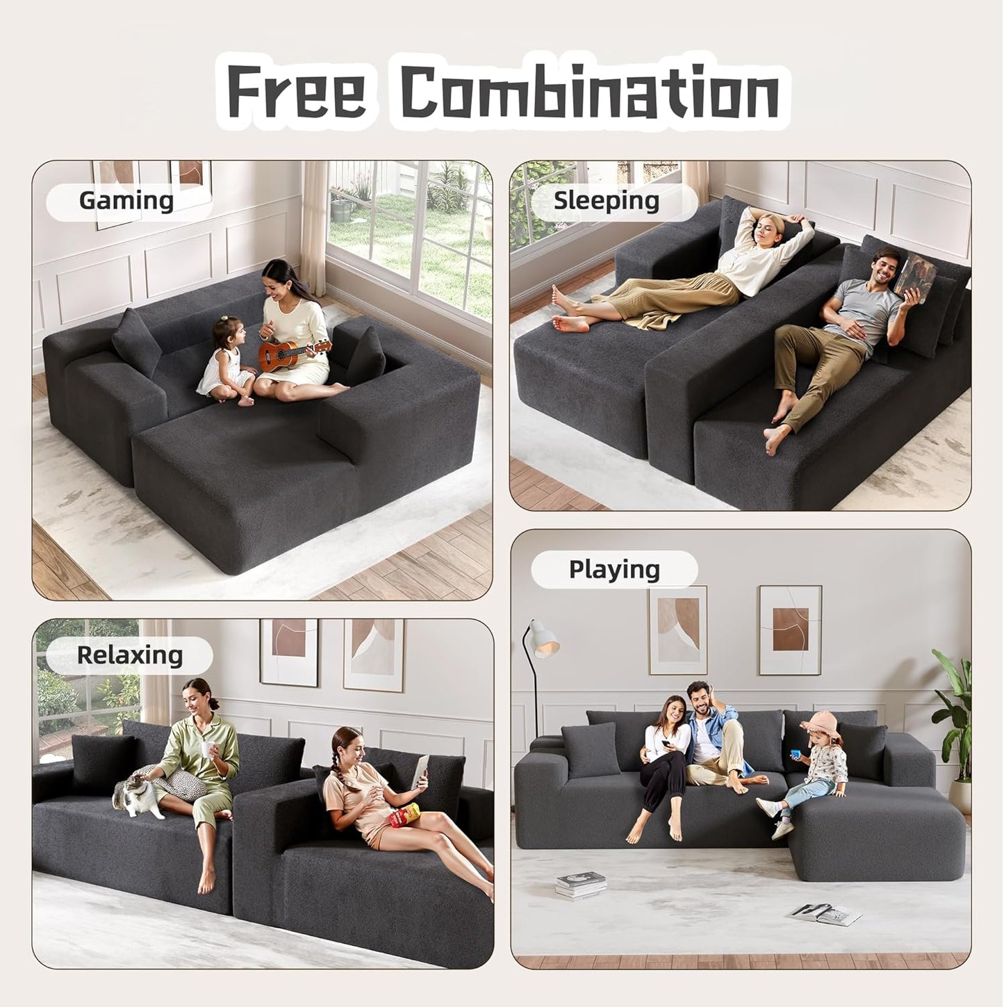 Cloud Sectional Couch, 104”L-Shape Oversized Sofa with Left Chaise Lounge, Modular Sleeper Couch with Pillows & Deep Seat, Rain Drop Velvet Fabric Compressed Sofa for Living Room, Dark Gray