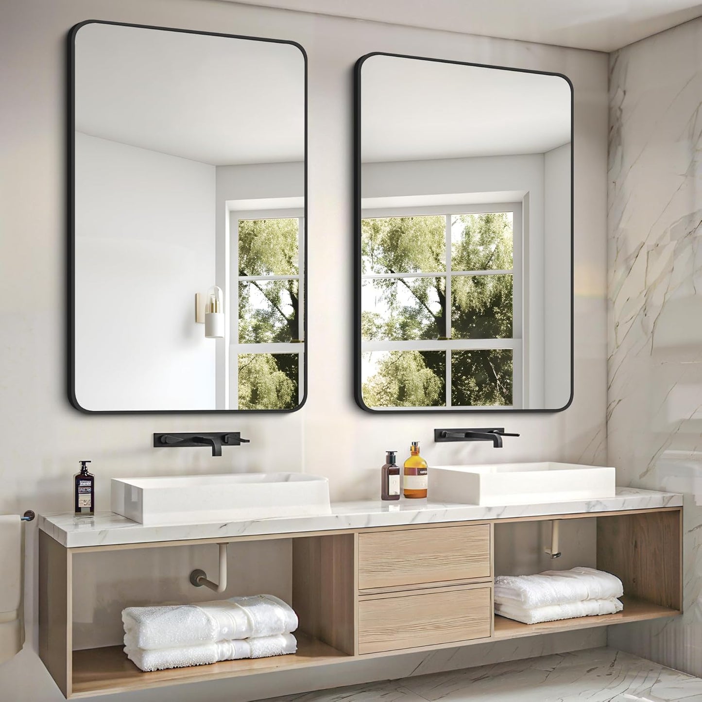 FORBATH Black Bathroom Mirror, Rectangular Vanity Mirror 30 x 48 Inch Wall Rounded Corner Metal Framed Bathroom Mirror for Living Room Bedroom Entryway Decor (Horizontal/Vertical)