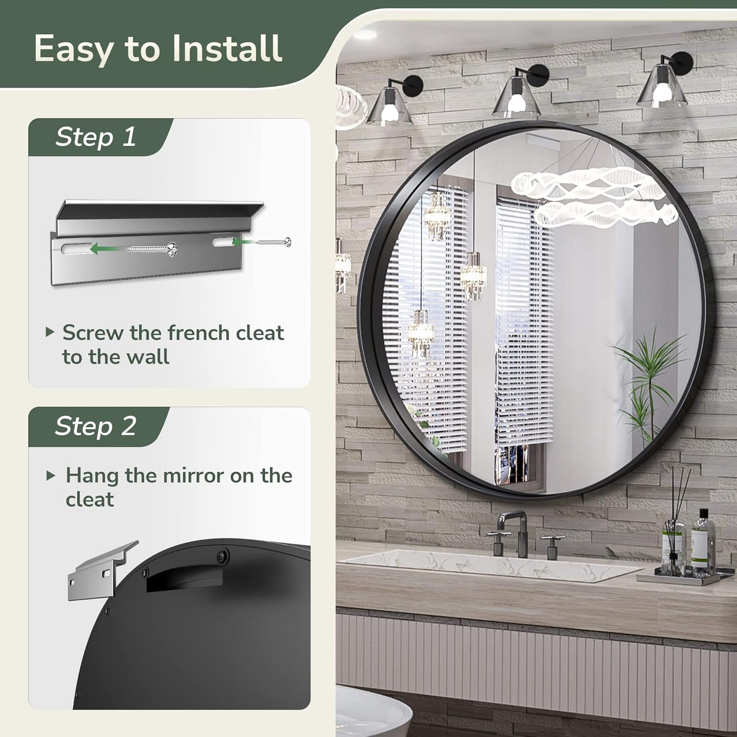 TokeShimi Round Black Mirror 24 Inch for Wall Decor Black Circle Bathroom Mirror with Non-Rusting Aluminum Alloy Brushed Matte Metal Frame for Modern Minimalist Farmhouse Home Decor