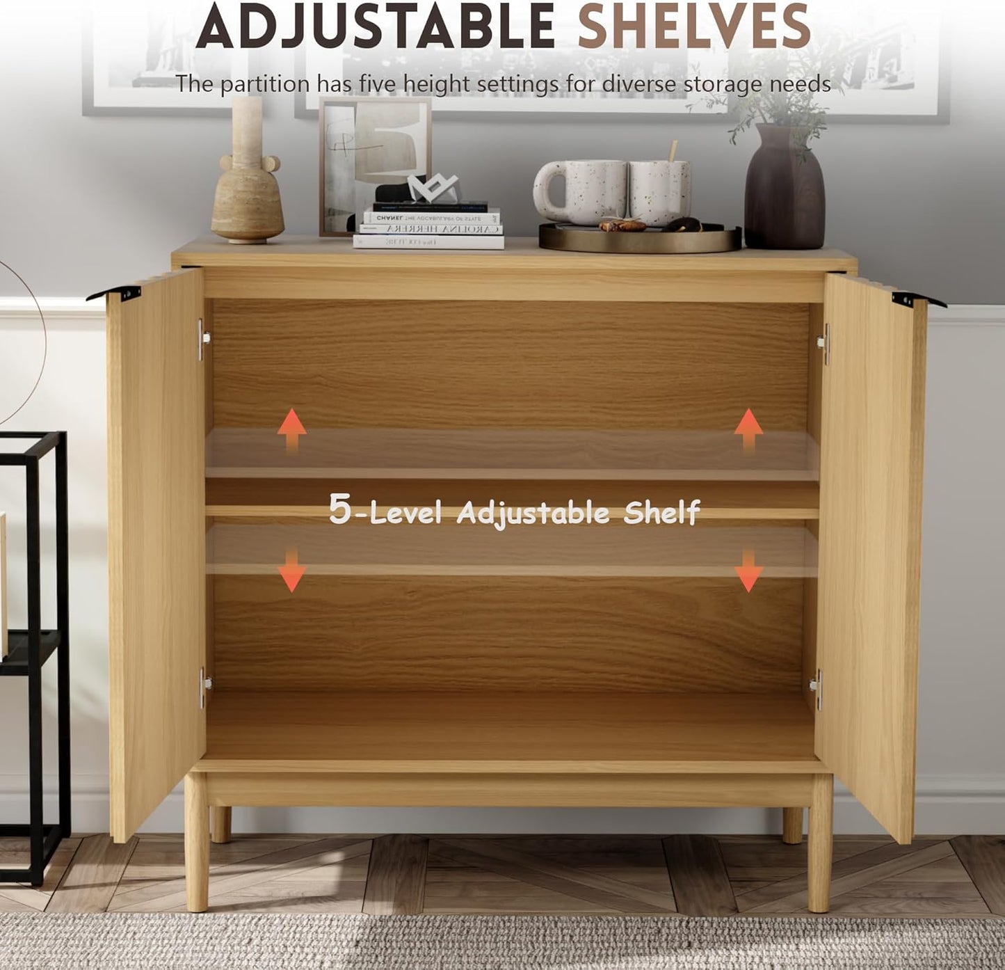 Fluted Cabinet with Storage, Buffet Cabinet Sideborad with Door, Kitchen Buffet Storage Accent Cabinets with Adjustable Shelves for Living Room, Entry, Hallway, Natural