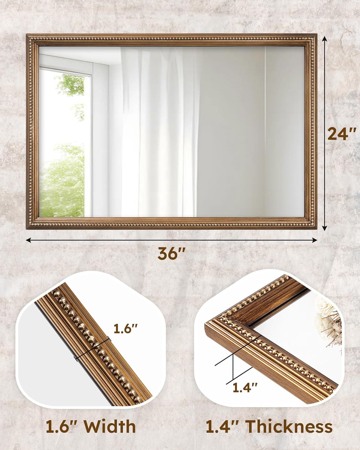 Axeman 24x36 Wood Wall Mirror, Rustic Bathroom Mirror, Vintage Wall Mounted Mirror Tempered Glass with Beaded Wooden Frame for Farmhouse Living Room Vanity Bedroom Entryway, Bronze