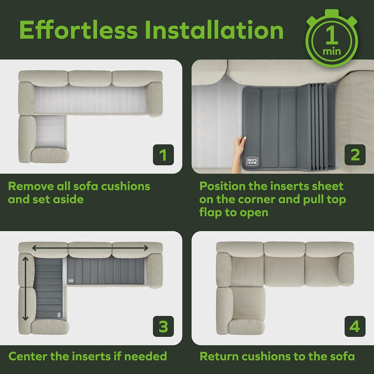 BEN'SHOME® Sectional Couch Cushion Support for fix Sagging Seats - Heavy Duty Solid Wood Sofa Support Board | 67"+45" x 19.7" Under Cushion Insert Set | Non-Slip Furniture Saver | 400 LB Capacity Each