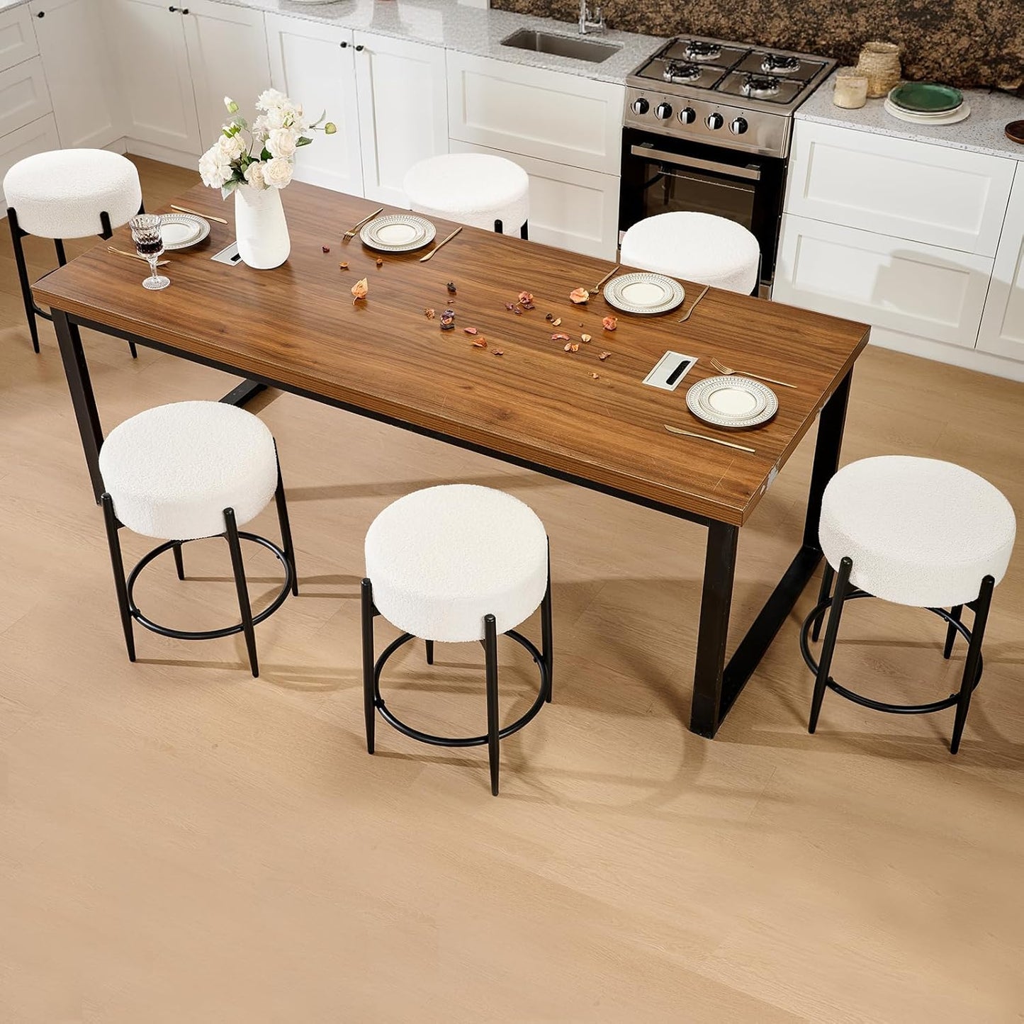 Dining Room Chairs Set of 6, 23.6" Sherpa Backless White Boucle Dining Chair with Black Metal Legs, Mid Century Modern Living Room Round Upholstered Chairs