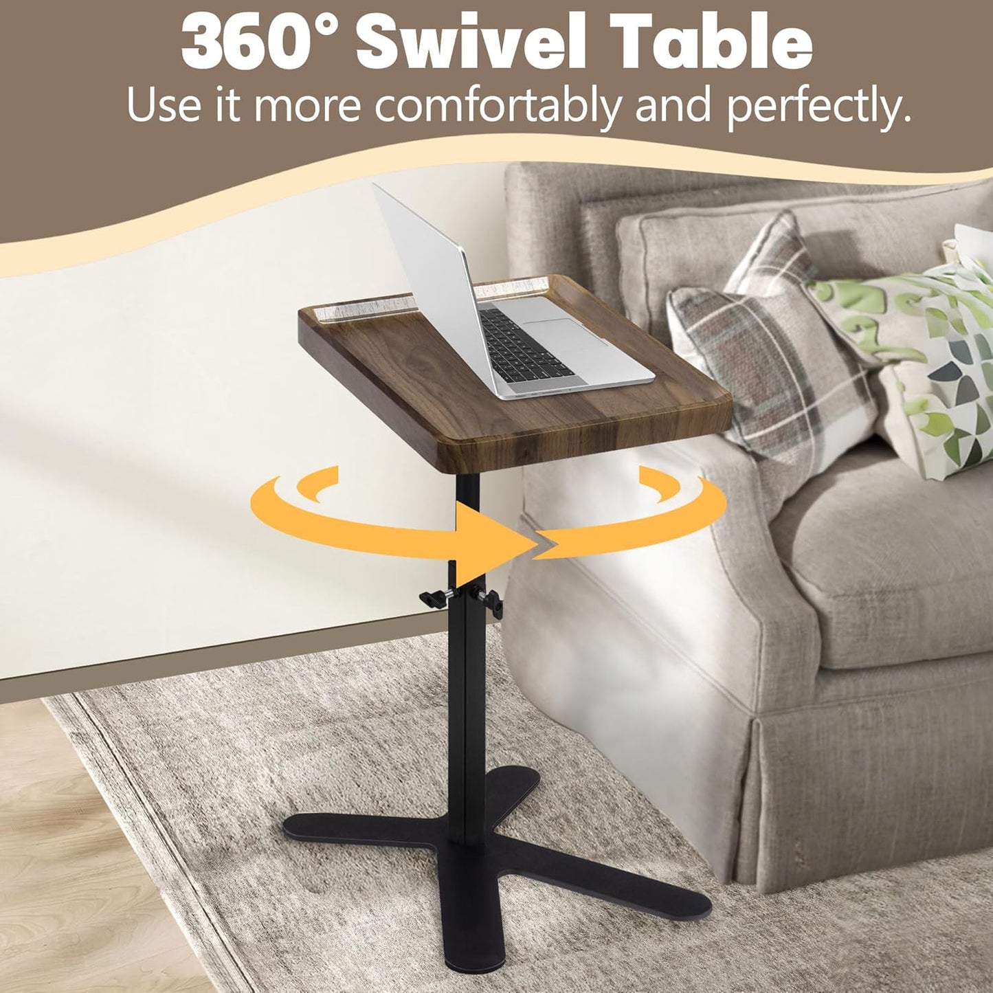 Aoligrace Walnut Side Table Adjustable Height, 360° Swivel C Shaped End Table with Metal Base, Small TV Tray for Living Room Bedroom Small Spaces, Sofa Couch Tables That Slide Under