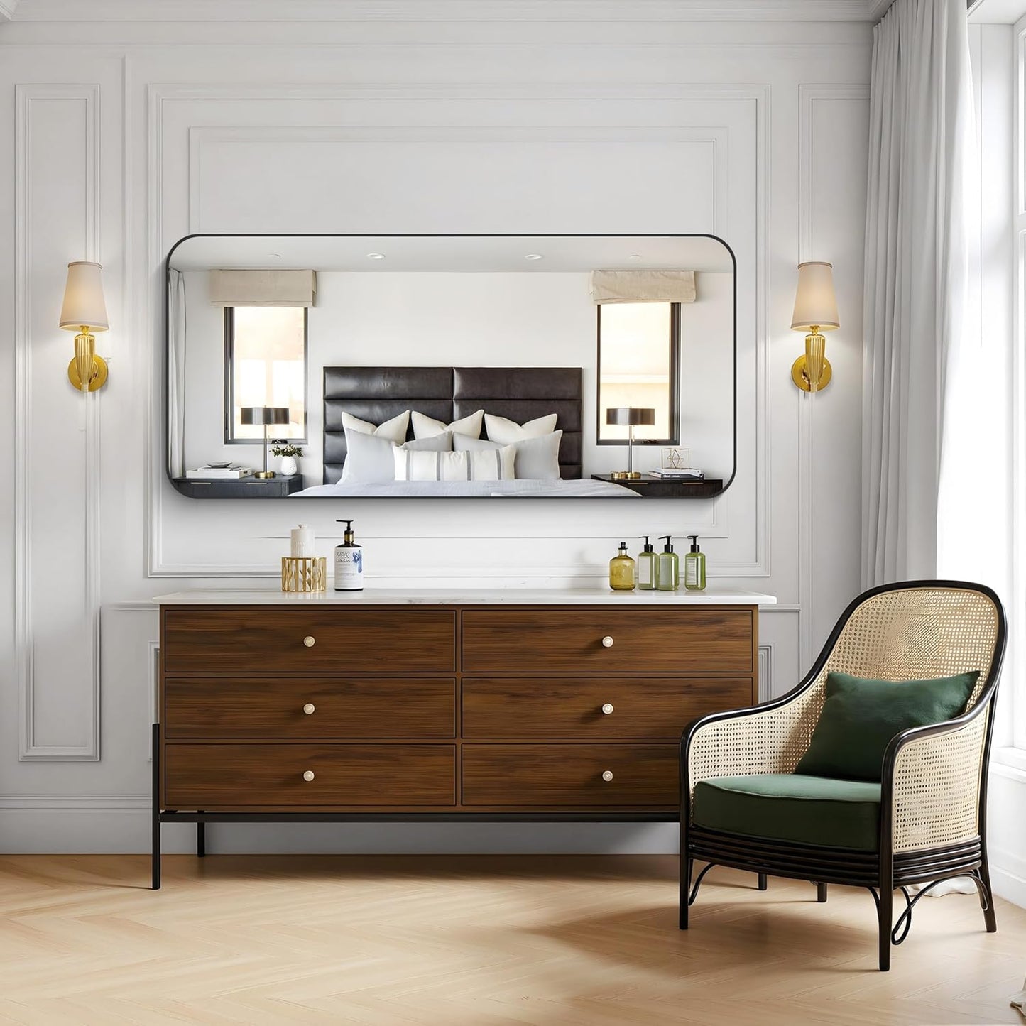 KOCUUY Black Bathroom Mirror 60"x28", Large Vanity Mirror with Rounded Corner, Metal Black Frame with Mordern Design for Bathroom, Living Room, Entryway, Hang Horizontal/Vertical