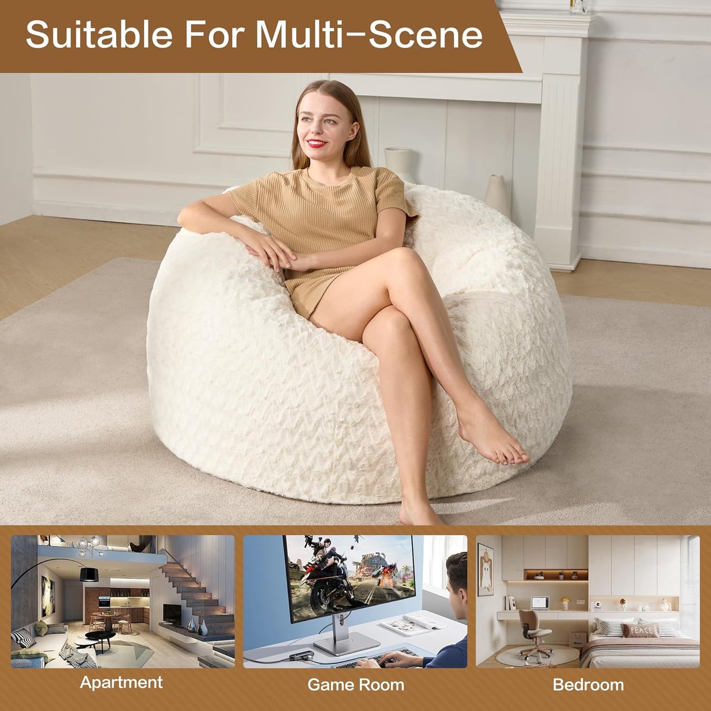 Hobestluk 3ft Bean Bag Chairs for Adults Large Beanbag Chair with Chevron Plush Fur Cover Big Bean Bag Chair for Living Room Bedroom Dorm Office - White (36” x 36” x 22”)